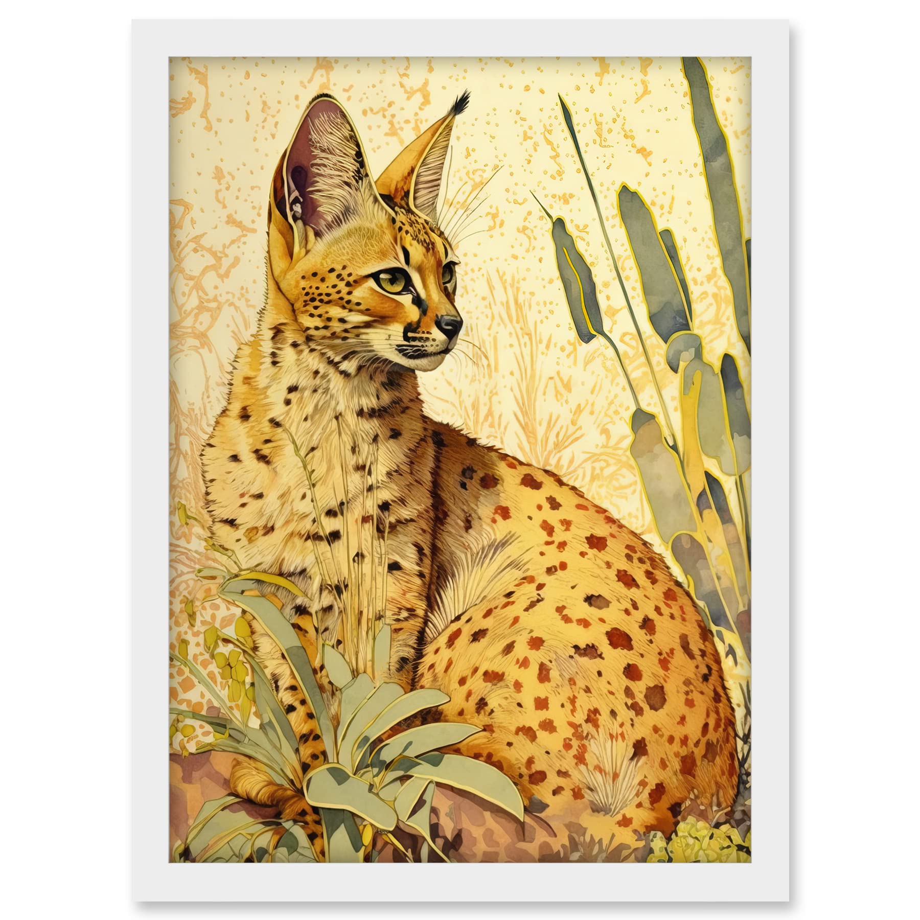 Artery8 Serval Cat in Nature Detailed Watercolour and Ink Bright Illustration Artwork Framed A3 Wall Art Print