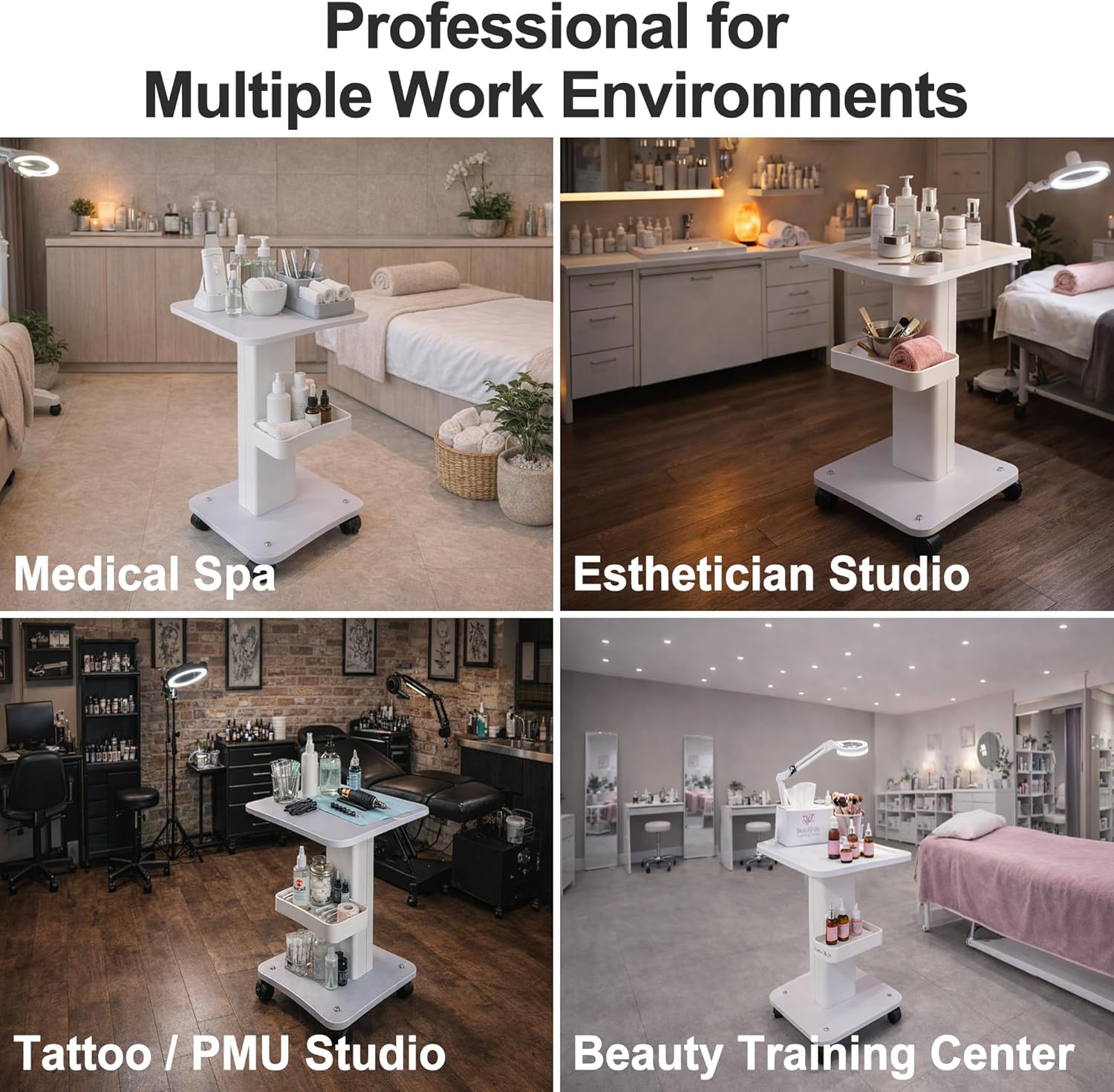 Esthetician Machine Stand with Wheels, 220 lbs Capacity Beauty Salon Rolling Trolley Cart with 2 Locking Casters, Iron Spa Equipment Cart for Facial & RF Devices, White