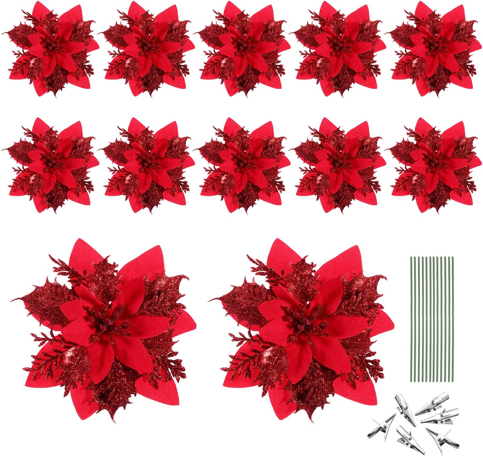 Toddmomy 12pcs Christmas Artificial Poinsettia Flowers,Glitter Christmas Tree Flower Ornaments with Clips and Stems for Xmas Wedding Birthday Wreath Decoration,Red