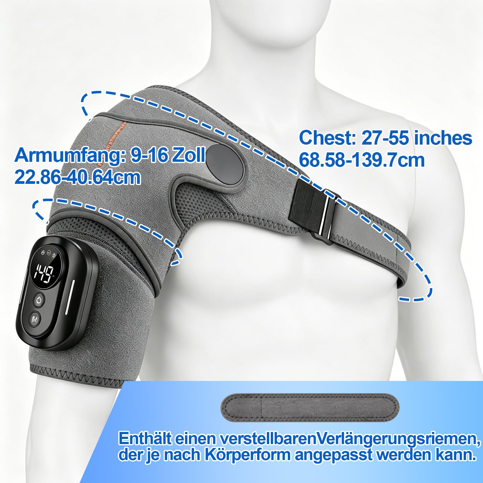 Schulter Massagegerät, 3-in-1 Massagegerät mit magnetischer Steuerung, Schulterbandage mit 5 Heizstufen & Vibration, 5000mAh Akku, 6600r/min Motor Schultermassagegerät für Zuhause & Büro, Grey