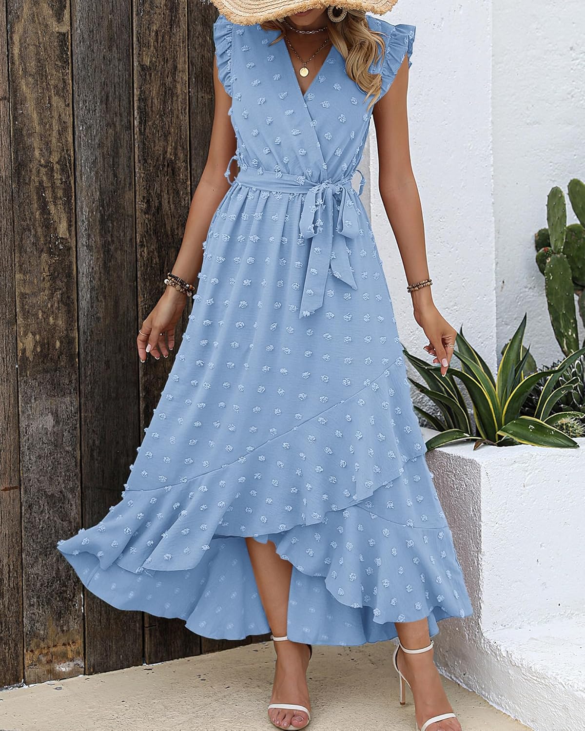 BTFBM Boho Dresses for Women 2026 Summer Fashion Cap Sleeve Swiss Dot Flowy Ruffle Beach Wedding Cocktail Maxi Dress