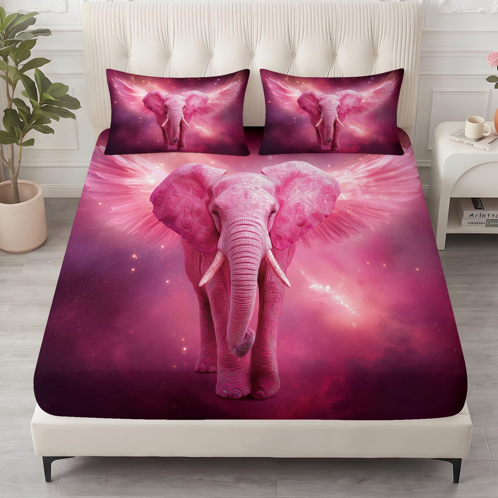 Juego de sábanas bajeras ajustables de 3 piezas, 160 x 200 cm, diseño de elefante, de microfibra, romántica, de color rosa, suave y agradable a la piel, transpirable, hipoalergénica, para colchones de