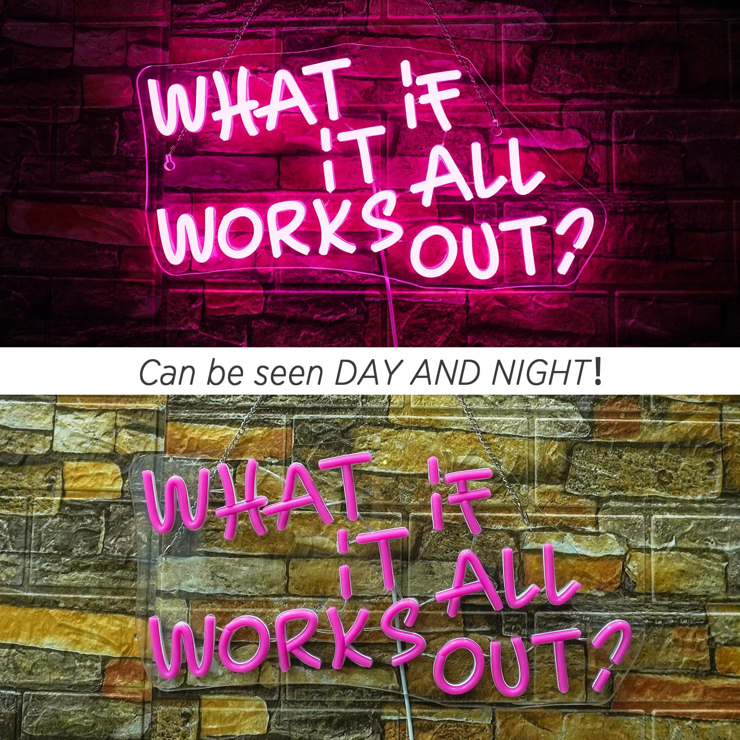 ineonlife 'What if it All Works Out' neonowy znak do dekoracji ścian, ściemniane, neonowe znaki świetlne LED, 5 V/2 A, zasilany przez USB, różowy znak świetlny, do salonu, biura, na imprezę, do