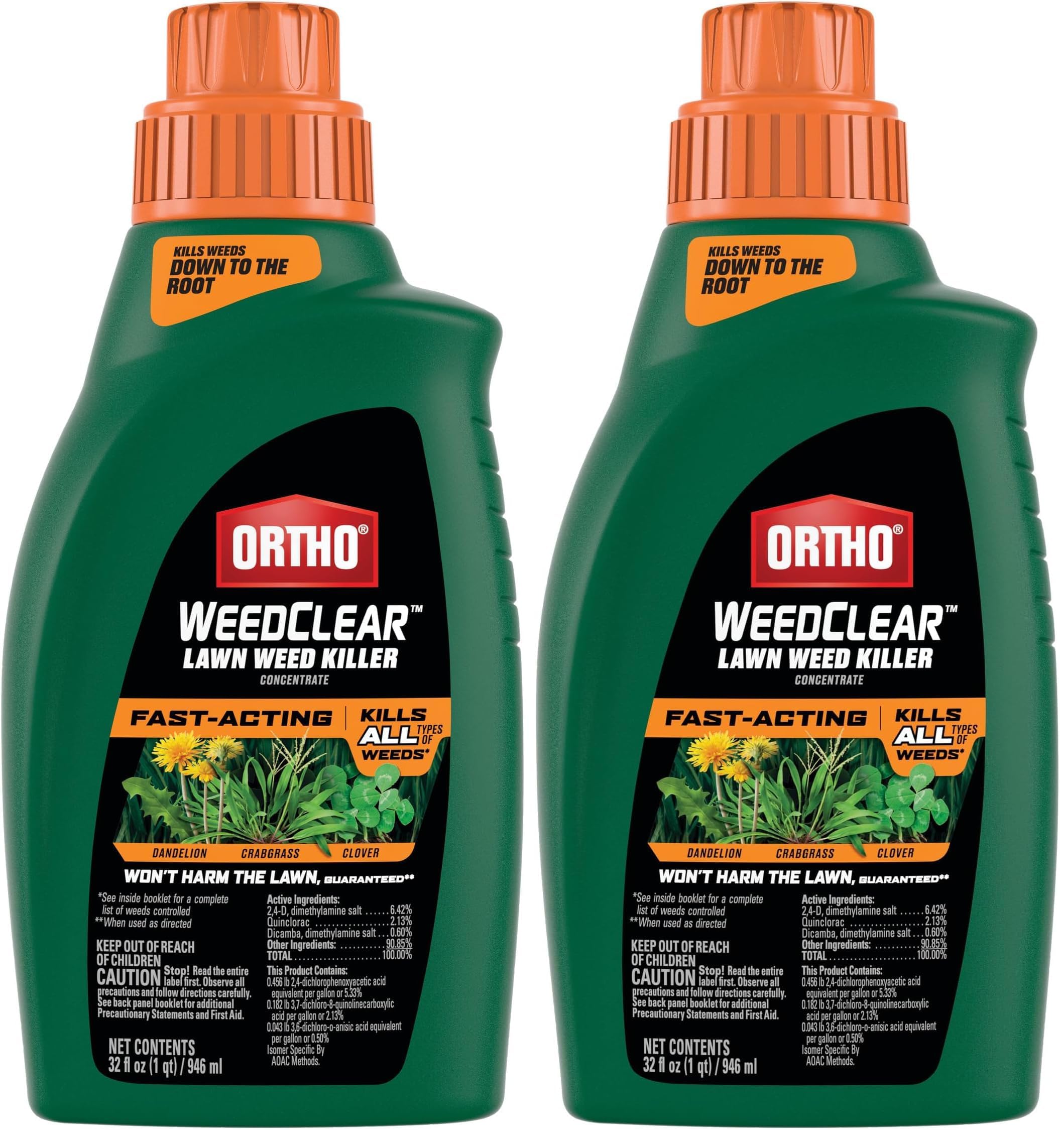 Ortho WeedClear Lawn Weed Killer Concentrate | Fast-Acting Formula | Kills to Root | For Dandelion & Crabgrass | 32 fl. oz. Pack of 2