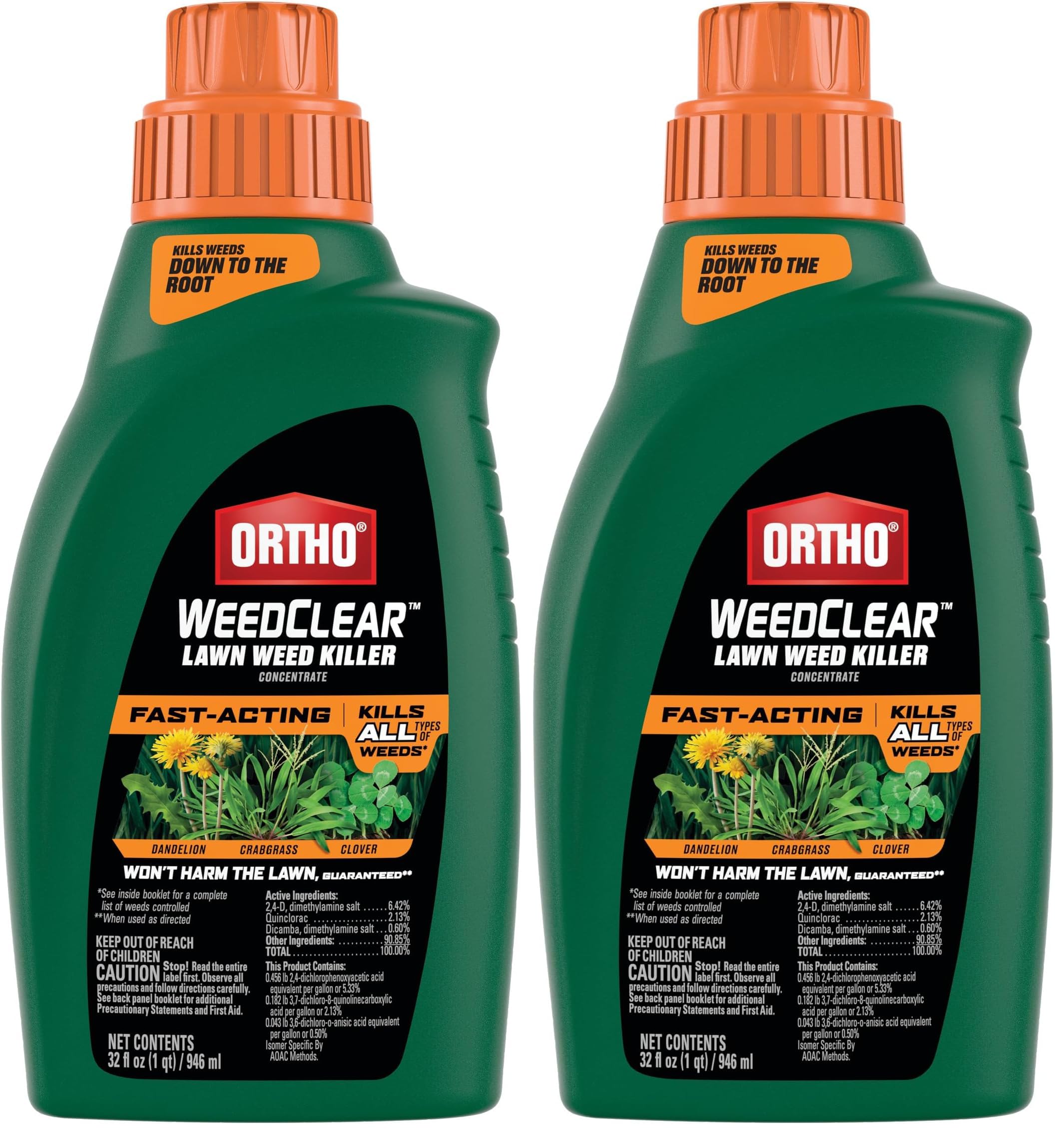 Ortho WeedClear Lawn Weed Killer Concentrate | Fast-Acting Formula | Kills to Root | For Dandelion & Crabgrass | 32 fl. oz. Pack of 2