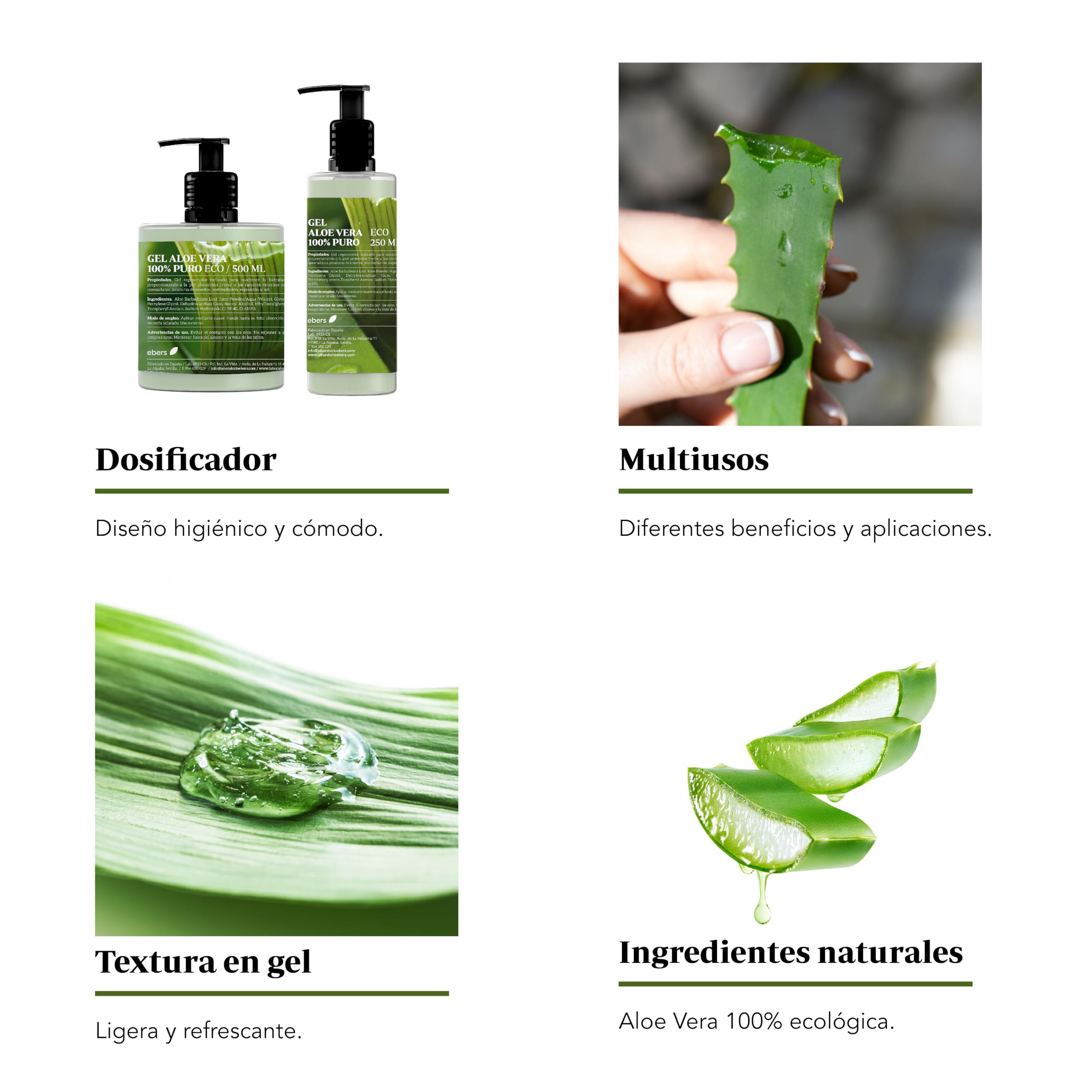 Ebers Aloe Vera Gel 100% Puro 500 Ml con dosificador - Excelente hidratante Rostro y Cuerpo, Aftersun, Depilación y Quemaduras.