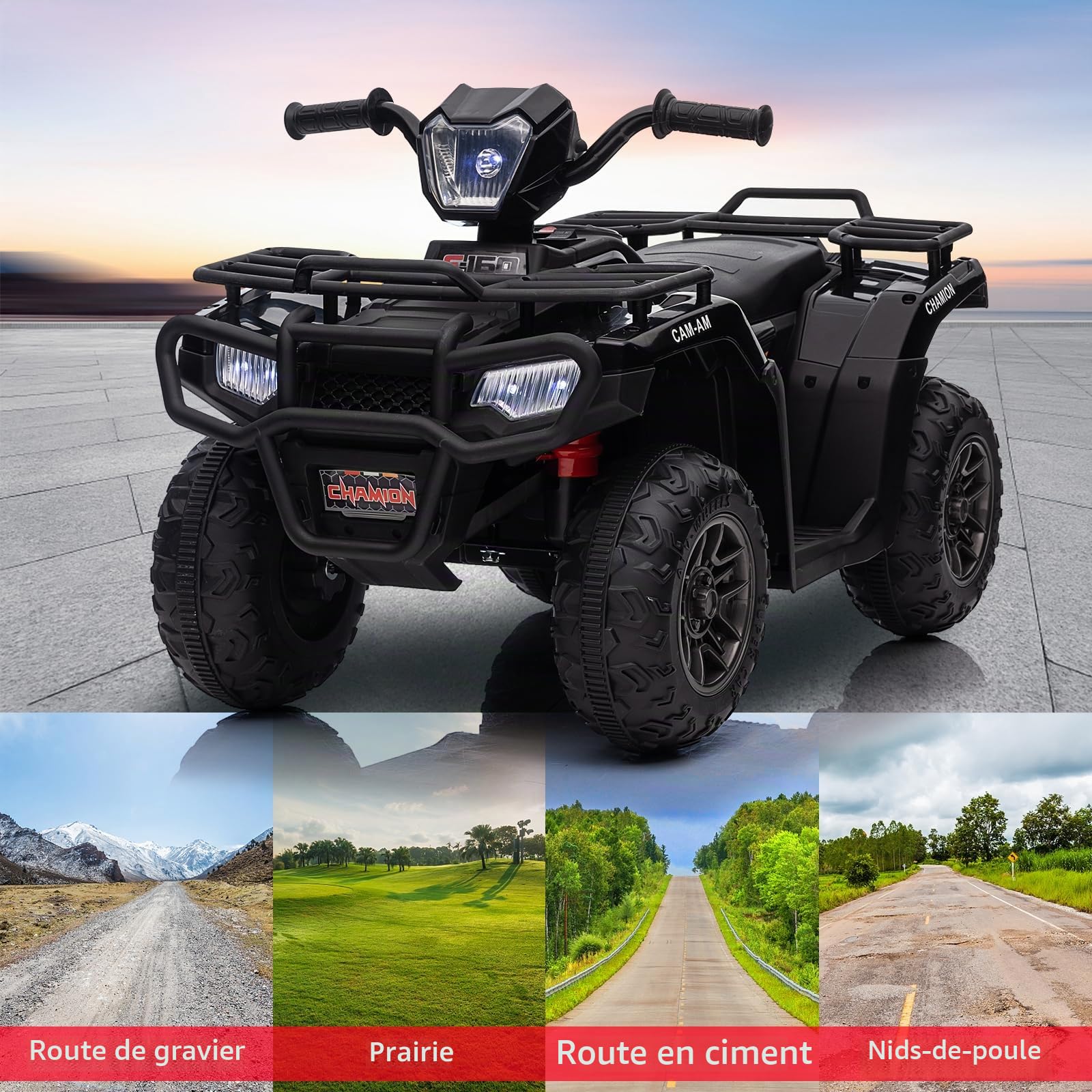 Quad électrique Enfant 12V – Double Moteur 2×30W – Vitesse sécurisée 3-6 km/h – Phares LED – Musique – Port USB – Siège Ergonomique – Voiture électrique pour garçons et Filles 3-8 Ans –