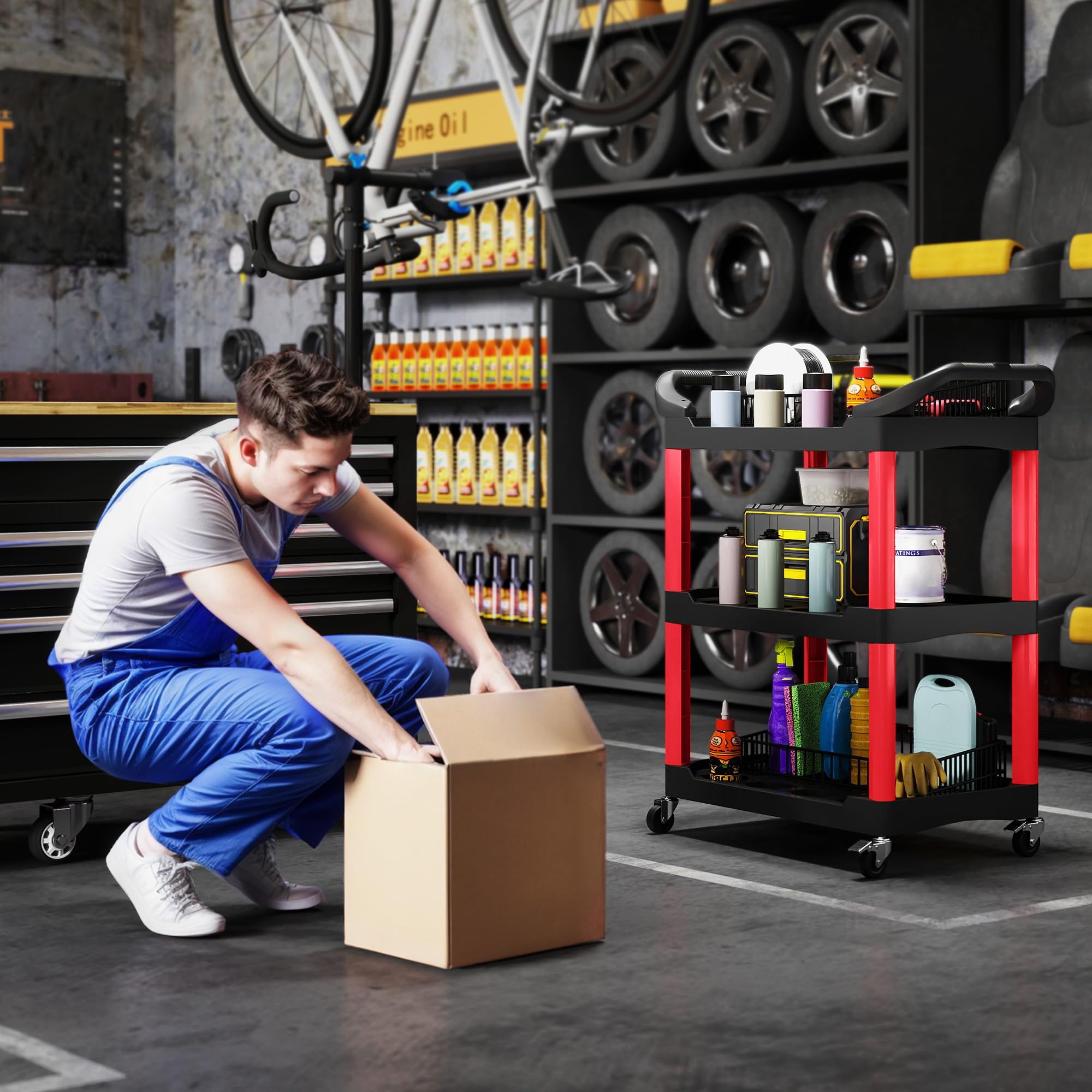 HOMCOM Chariot d'atelier servante Atelier Chariot à Outil à 3 Niveaux avec poignée latérale, desserte Atelier pour Garage, entrepôt, Outils de Bricolage, Charge 91 Kg, 83 x 43 x 97 cm, Noir et Rouge