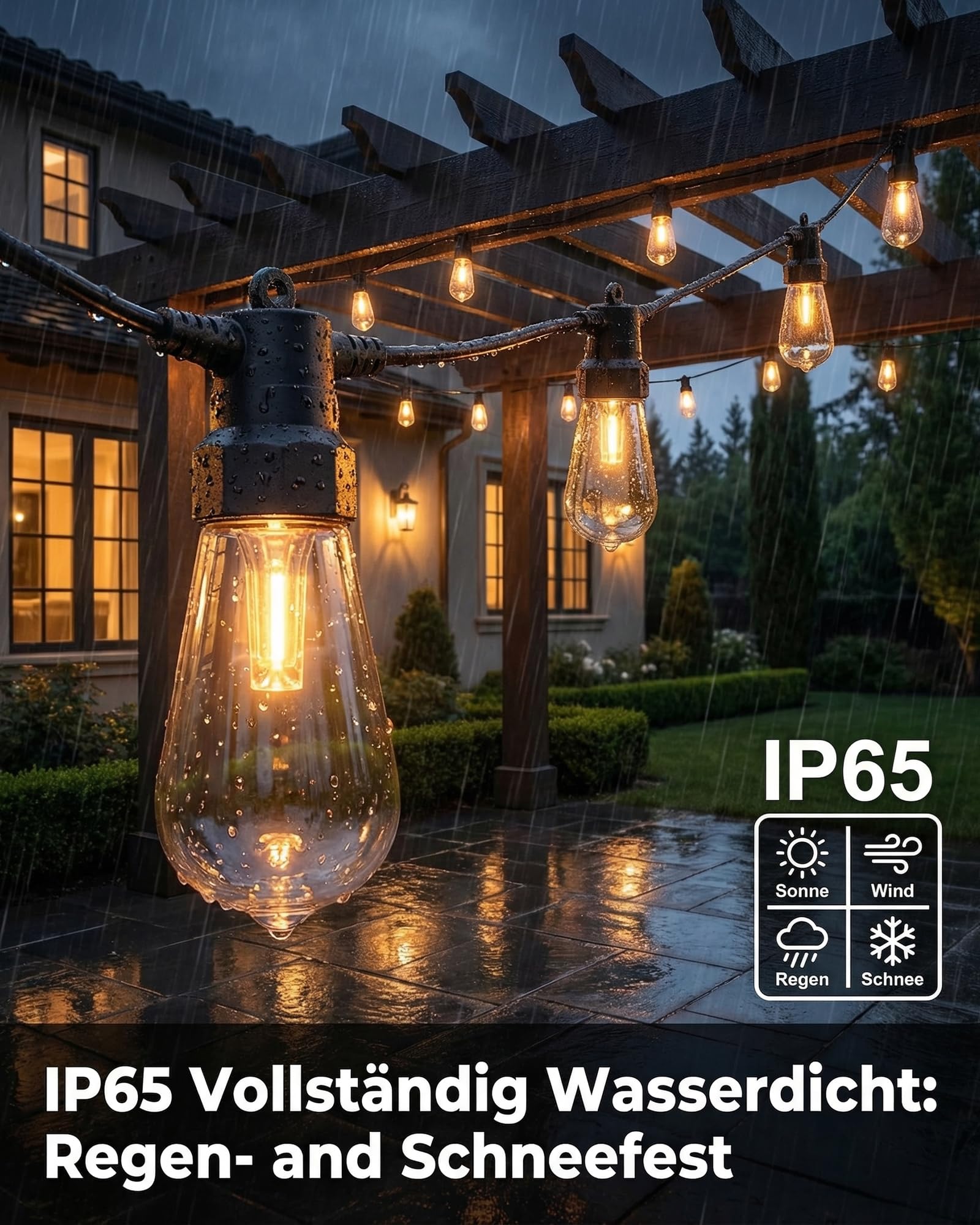 RGBW Lichterkette Außen 15M mit 20 LED Lampen,Smart Gartenbeleuchtung mit App & Fernbedienung,Musik Synchronisation,Dimmbar,Timer,IP65 Wasserdicht,Farbwechsel für Balkon,Terrasse & Pergola