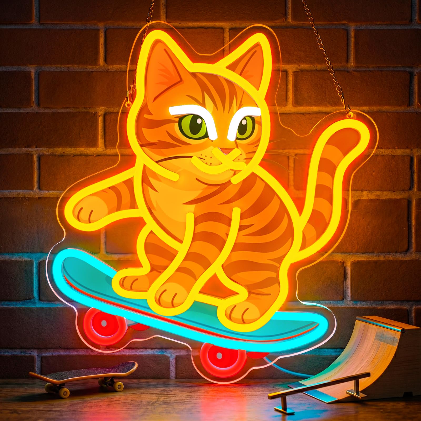 Astuddy Skateboard Cat Neon Sign, Orange Cat Neon Signs for Wall Decor, USB Powered Cartoon LED Neon Light, Dimmable Animal Neon Light for Bedroom Kids Room Home Bar Game Room Pet Shop Gift