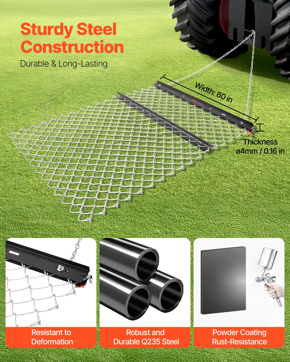 VEVOR Rastrillo de Arrastre de Acero Q235 Rastrillo de Cadena 121,9 x 152,4 cm Accesorios para Tractores UTV para Nivelar Paisajes Césped Rastrillo Duradero para Caminos de Grava, Granjas, Jardines