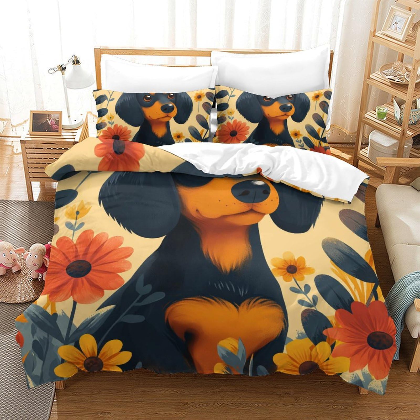 Parure de lit Teckel 3D King 220x240 cm en microfibre douce avec 2 taies d'oreiller pour ado