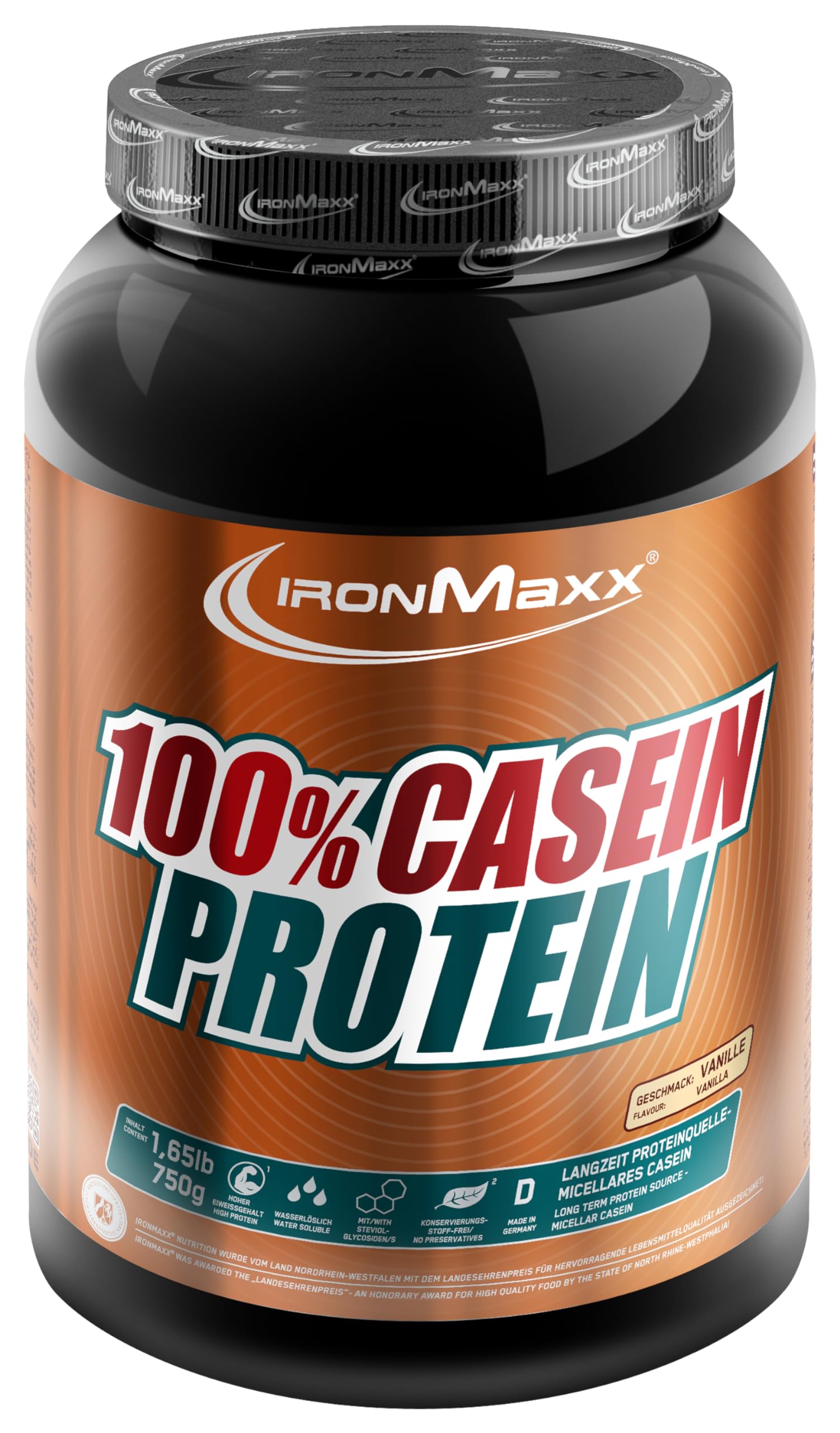 IronMaxx 100% Casein Proteinpulver - 750g Dose - Vanilla | Fitness Shake mit reinem Casein und wertvollen Aminosäuren, Langes Sättigungsgefühl