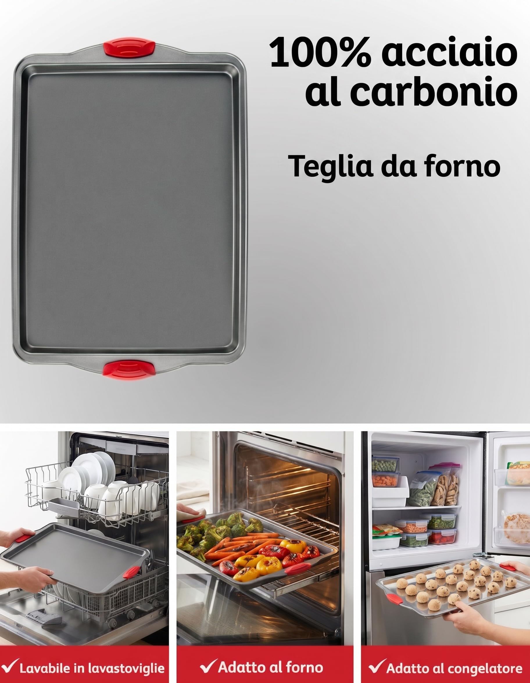 Set 3 Teglie da Forno Antiaderenti in Acciaio al Carbonio - Vassoio per Biscotti con Manici in Silicone, Placca da Forno Resistente a Deformazioni e Ruggine, Senza PFOA per Cottura Uniforme