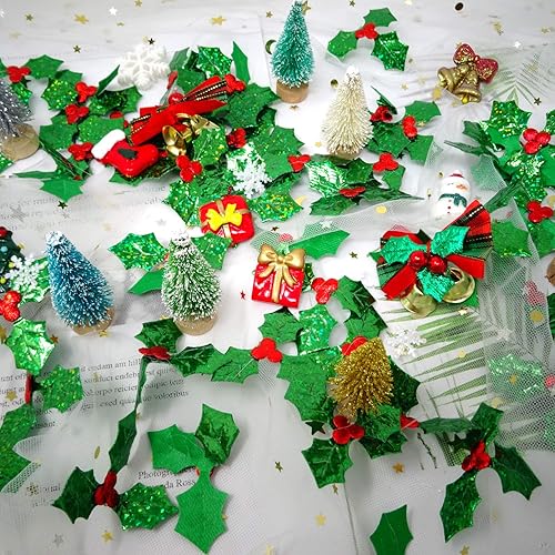 Miniatura 5 de Honbay 100 piezas de hojas de acebo brillantes de Navidad, pequeñas hojas verdes de acebo y bayas rojas, apliques de confeti, adornos de tela láser