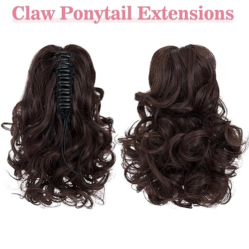 Miniatura 2 de SLEEKALON Extensión de cola de caballo de 12 pulgadas con clip de garra y rizada, cola de caballo falsa instantánea, ondulada, postizo sintético con