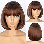 WERD Short Brown Bob Wig for Women Auburn Brown Wig with Bangs Synthetic Hair Light Highlight Brown Bob Wig for Daily Party Cosplay