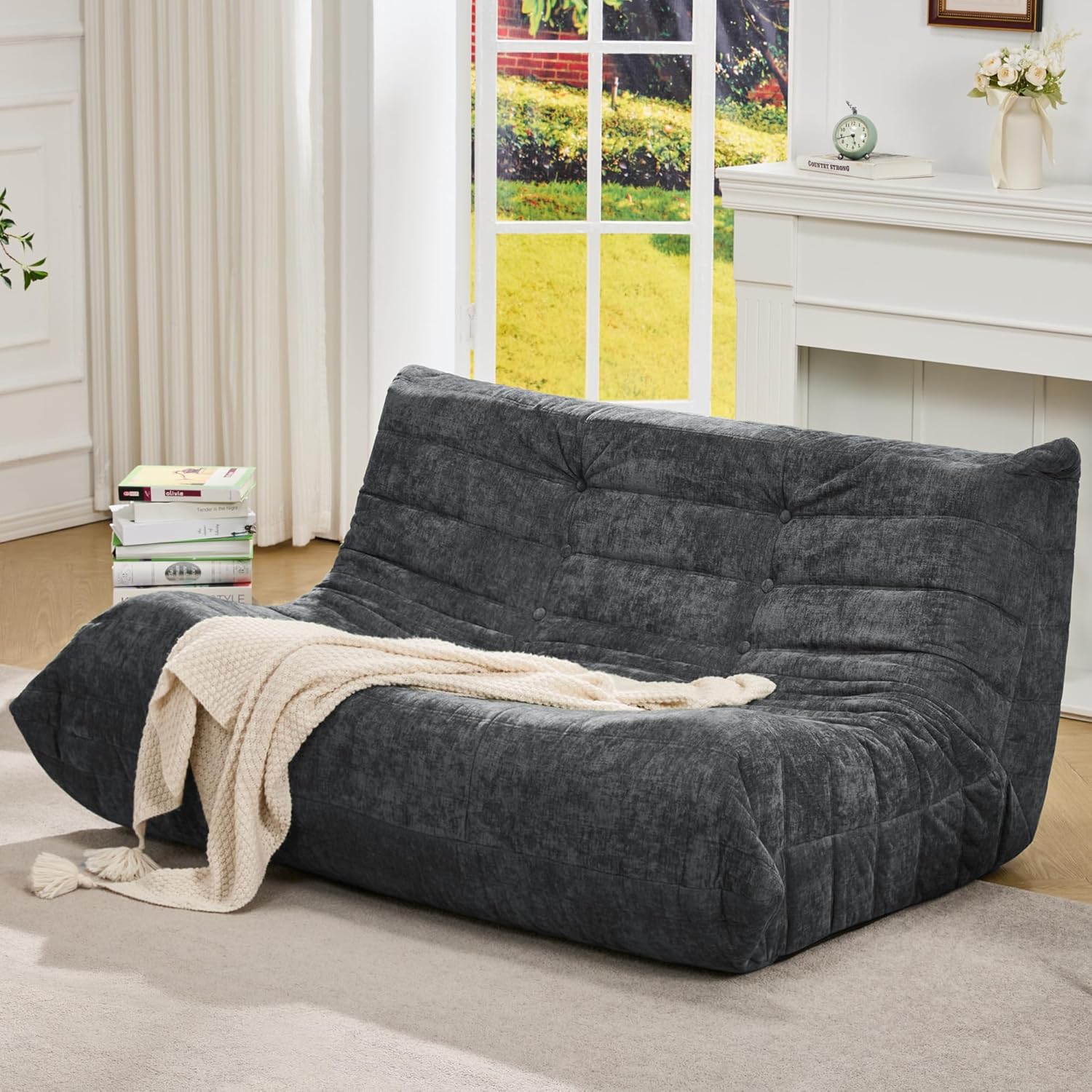 Bean Bag Chairs for Adults Giant Bean Bag Chair Memory Foam BeanBag Chair Bean Bag Sofa with Filler Faux Fur Fireside Beanbags Lazy Sofa for Living Room Bedroom Office (Darkgrey Chenille, Loveseat)