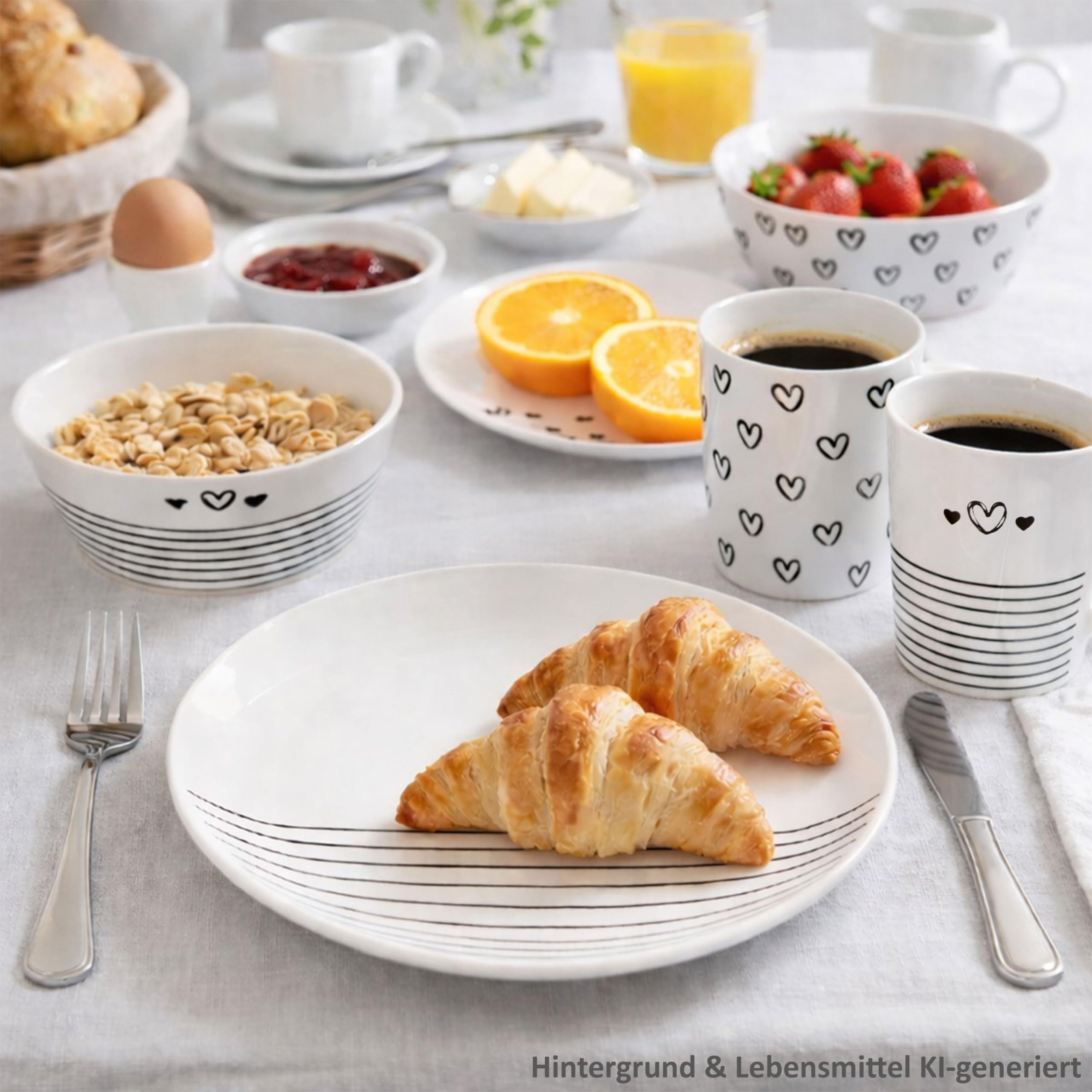 MamboCat Cupid 18tlg Frühstücksset I 6x Kuchenteller, 6x Müslischalen 450ml & 6x Kaffeebecher 350ml I Porzellan Geschirr schwarz weiß mit Herz & Streifen Dekor I Kaffeezeit