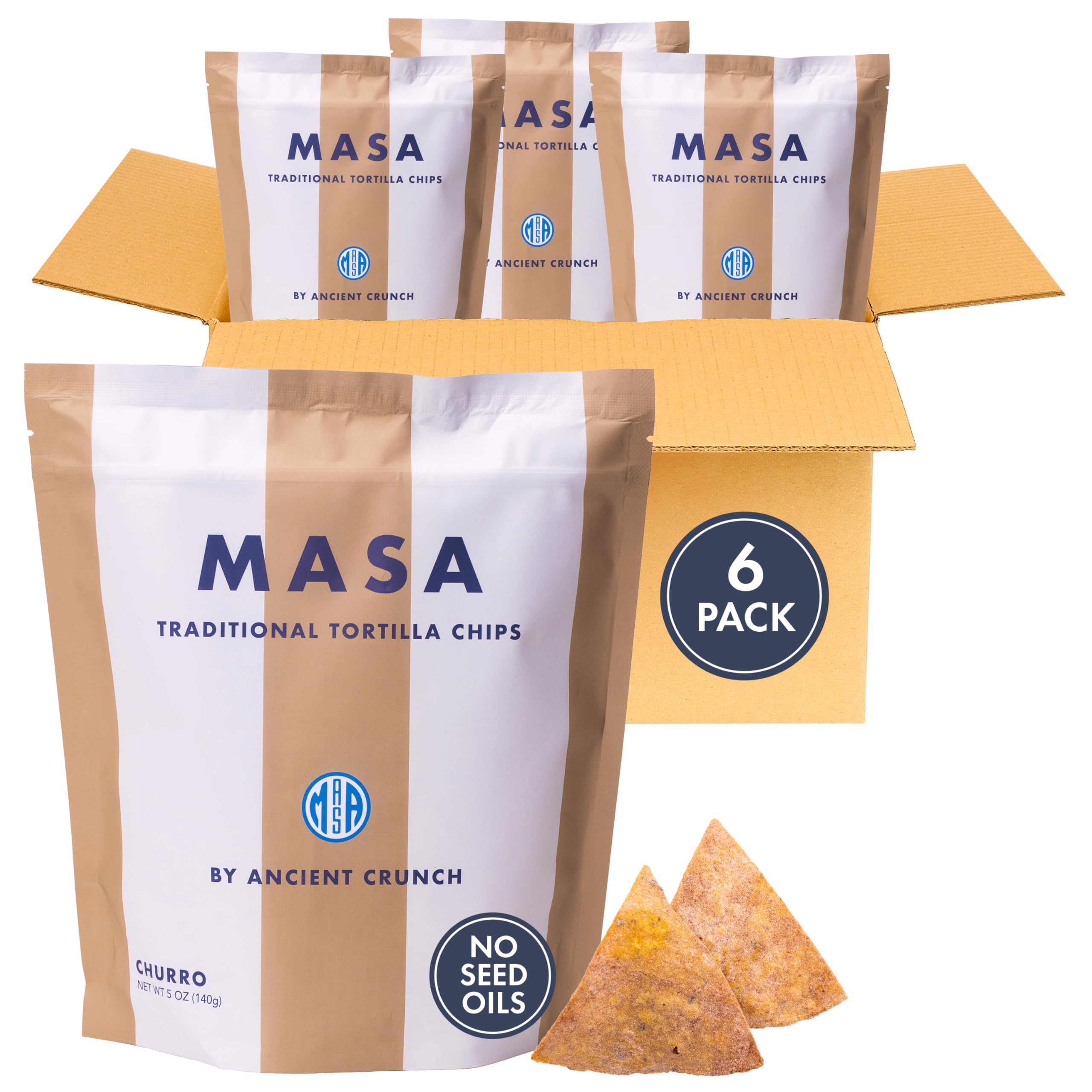 MASA Tortilla Chips - Churro Chips - No Seed Oil Snacks - Corn TortillaChips - Made with Grass Fed Beef Tallow, Powdered Sugar, Royal Cinnamon,Sea Salt - Sweet and Salty Snacks - 6 Pack - 5 oz/Pack
