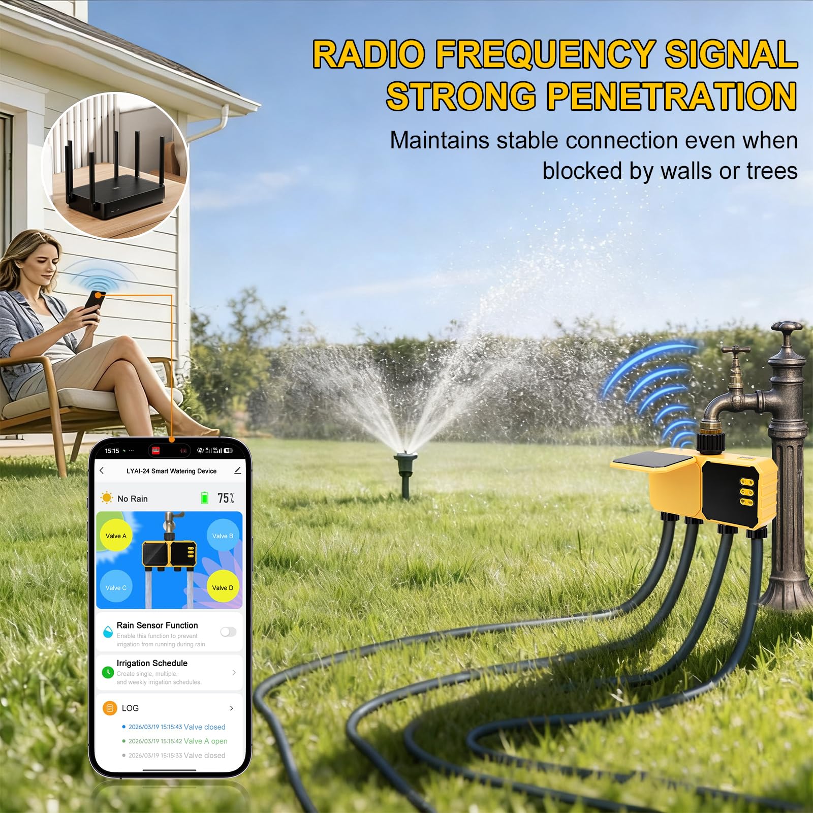 Solare Centralina Irrigazione WiFi 4 Vie, Solare Smart WiFi Water Timer, Telecomando WiFi per controllo automatico dell'irrigazione solare