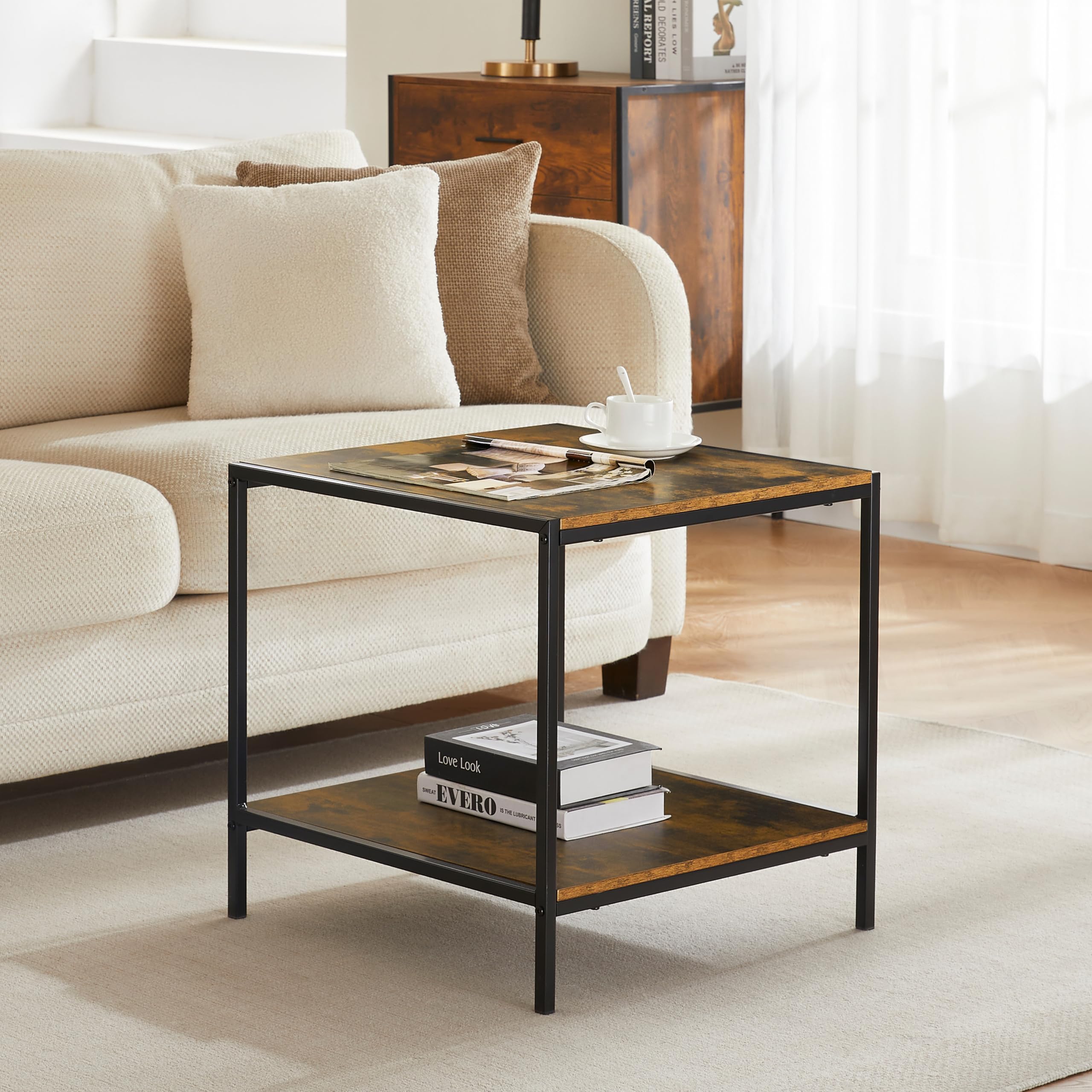 Vida Designs Brooklyn End Table 2-Tier Sofa Side Tables, Bedside Tables with Metal Iron Frame for Living Room, Bedroom, Home Office, Industrial Style (Dark Wood)