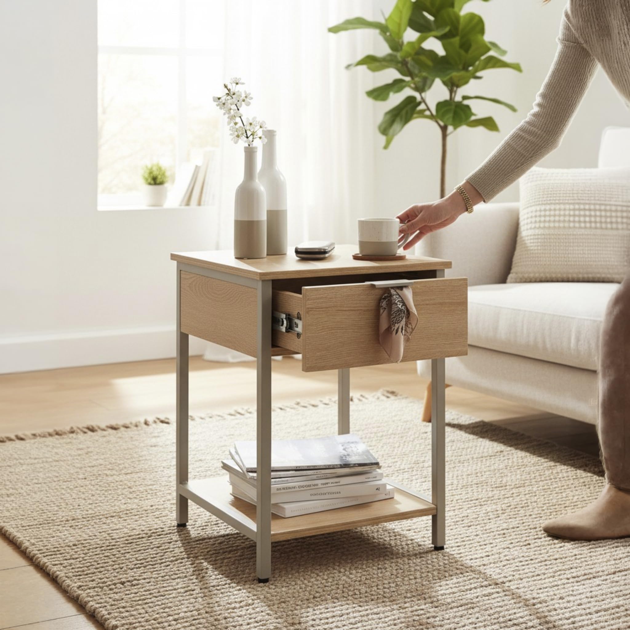 HAKU Table d'appoint avec tiroir, chêne Naturel, Gris Cachemire, métal, aggloméré, Table Basse Moderne avec tiroir - Dimensions : L 40 x H 55 x P 40 cm Style : Moderne