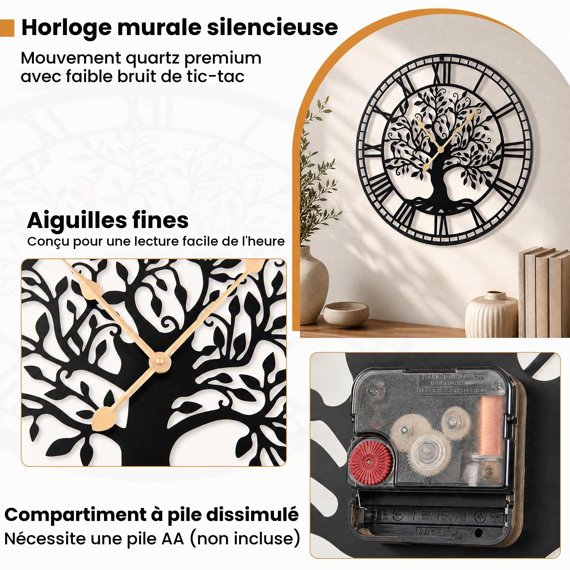 LIFEZEAL Grande Horloge Murale Silencieuse 68 cm, Horloge Murale Design Moderne Arbre de Vie en Métal, Pendule sans Tic-Tac à Piles, Décoration Murale pour Salon, Chambre, Bureau (Style1)