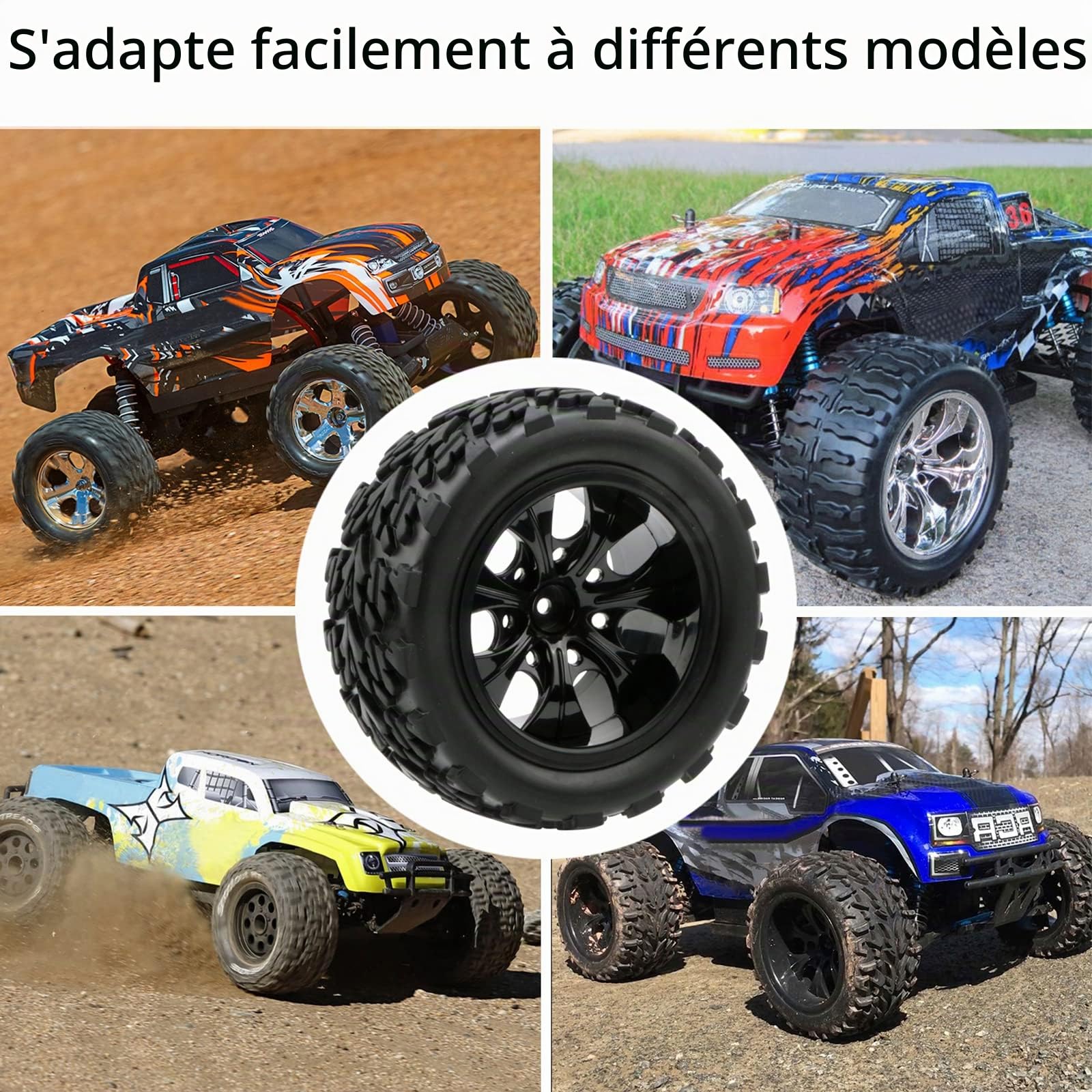 Lot de 4 pneus 1:10 RC Monster Truck avec 7 rayons Jante Noir