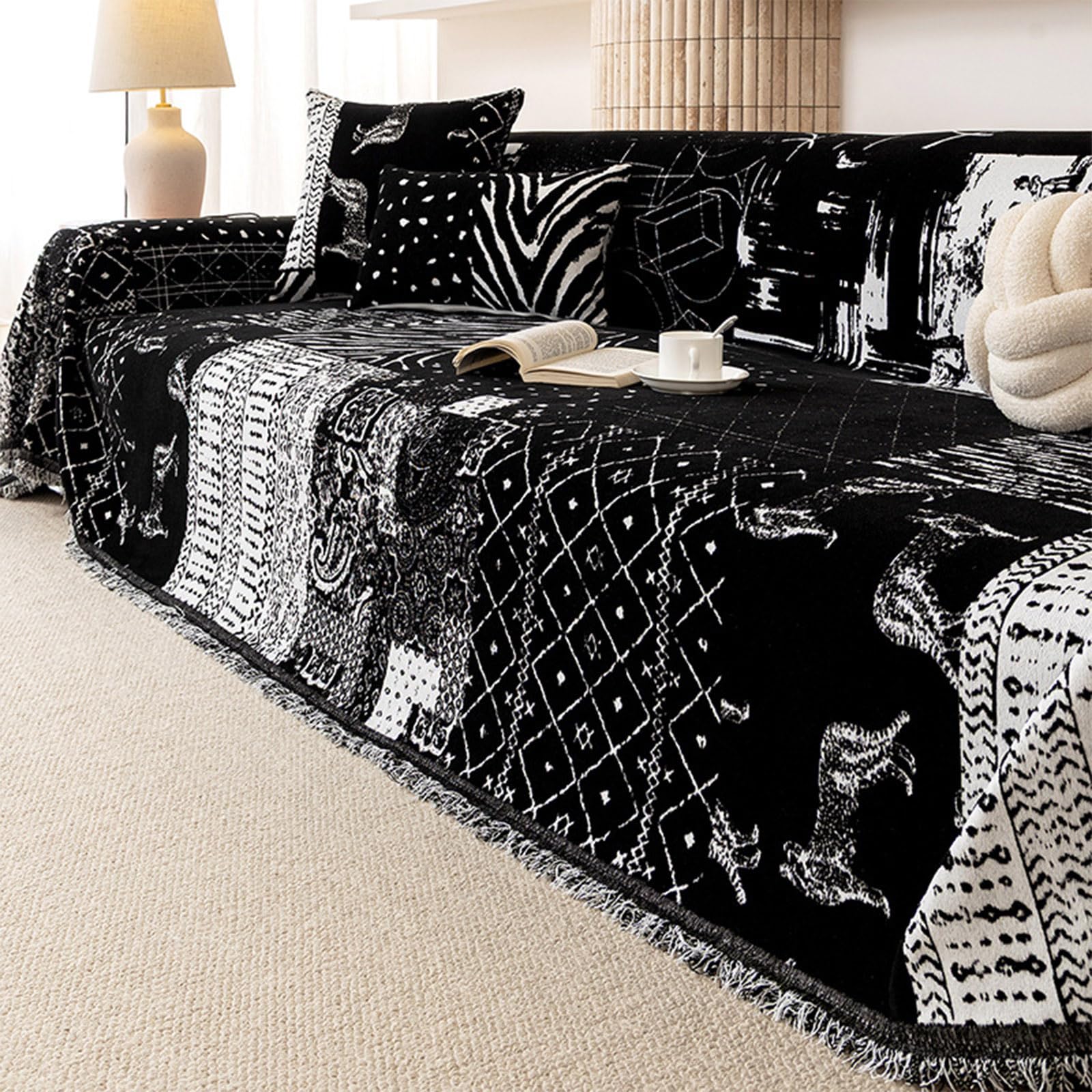 Jeté de canapé bohème en chenille pour salon cosy et animaux