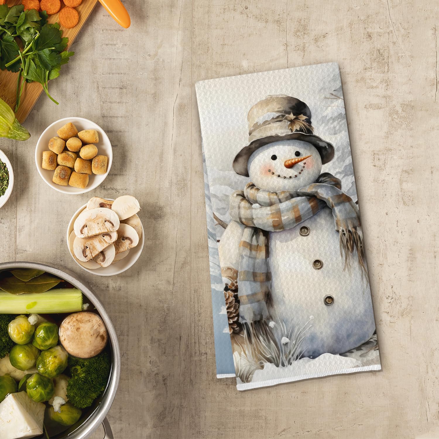 Rustic Winter Snowman Kitchen Towels, Christmas Snowy Tree Snowman Dish Tea Towels for Kitchen Decor, Holiday Winter Christmas Decorative Hand Towel for Bathroom, 16x24 Inch - Image 2