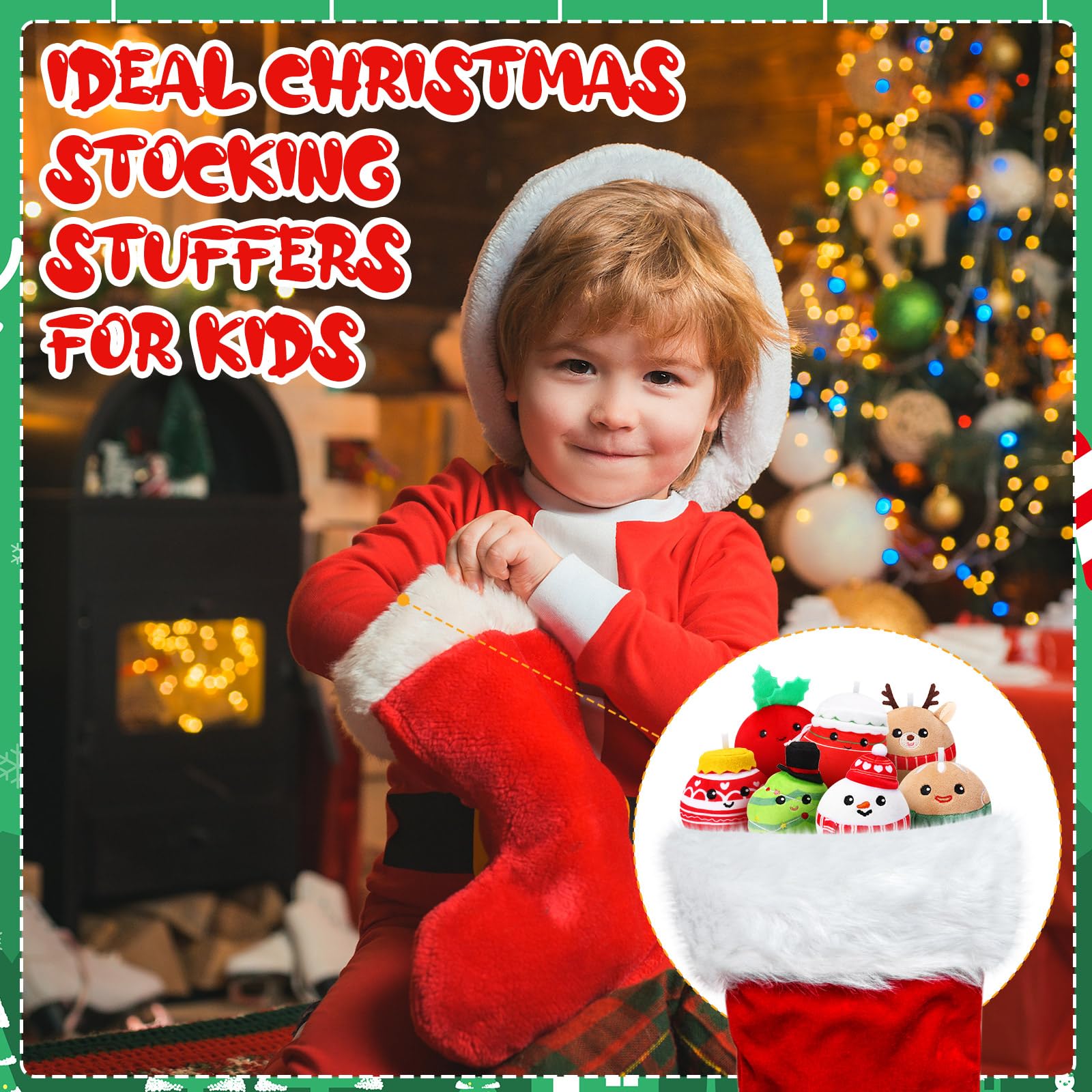 Aoriher 12 Stück Weihnachten Plüsch Ornamente 8 cm Plüsch Spielzeug Set Weihnachtsmann Elch Schneemann Lebkuchenmann Weihnachtsbaum Schneeball Schneeflocke Puppen Geschenkbox für Party Geschenke