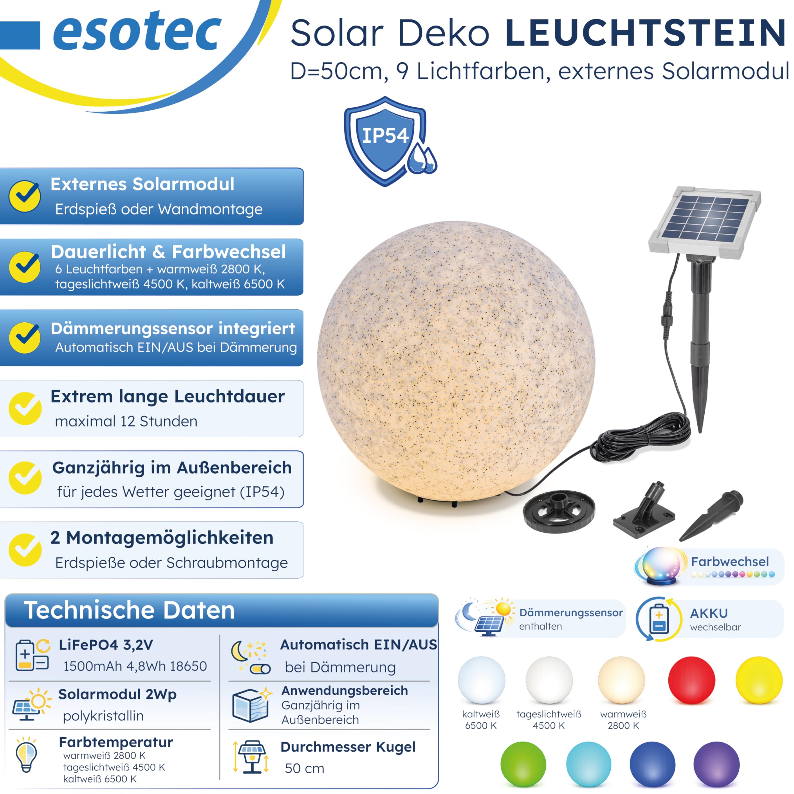 Esotec Solar Stein-Leuchtkugel, D=50cm, 9 Leuchtfarben, Dauer oder Wechsellicht, Akku, Solarmodul, Erdspieß, Solarmodul-Wandhalterung, Schraubbefestigung, Solarkugel, Solarstein, winterfest 106119