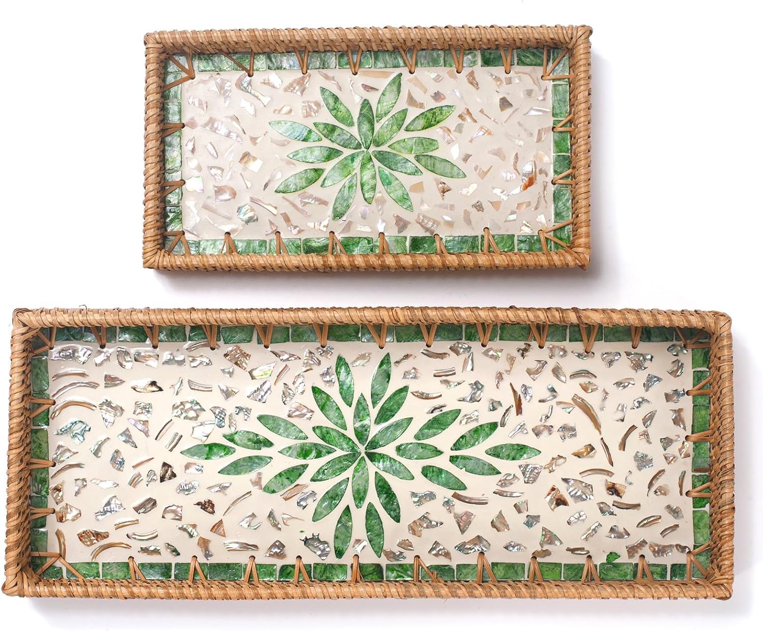 2 Pack Rattan Bathroom Vanity Tray with Mother of Pearl Inlay, Toilet Tank Tray, Toilet Basket Tank Topper, Bathroom Basket for Organizing and Decor (Green Leaves)