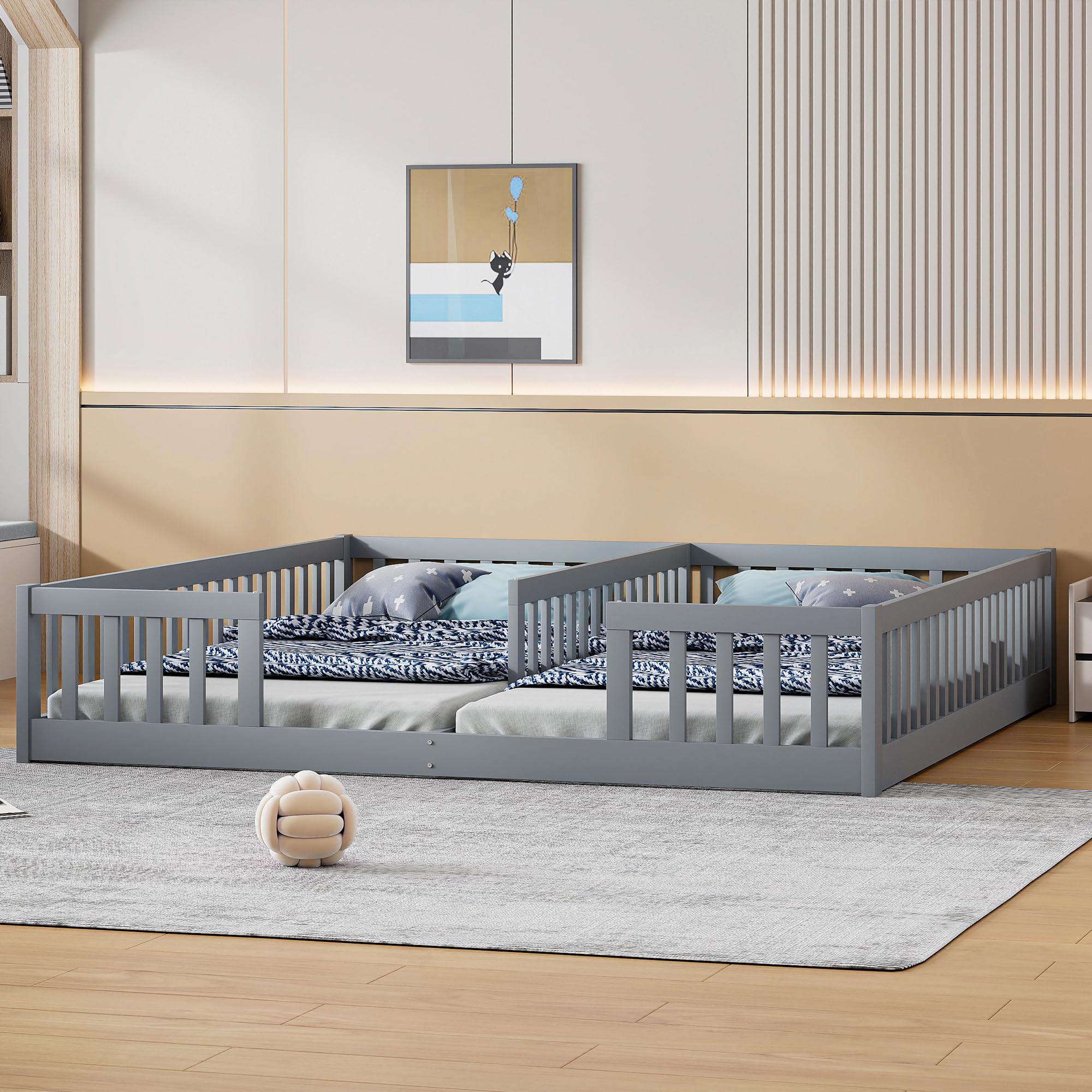 Lettino da pavimento 90 x 200 cm, con rete di sicurezza, in legno di pino, per famiglie con 2 bambini, letto gemellare con rete a doghe, grigio