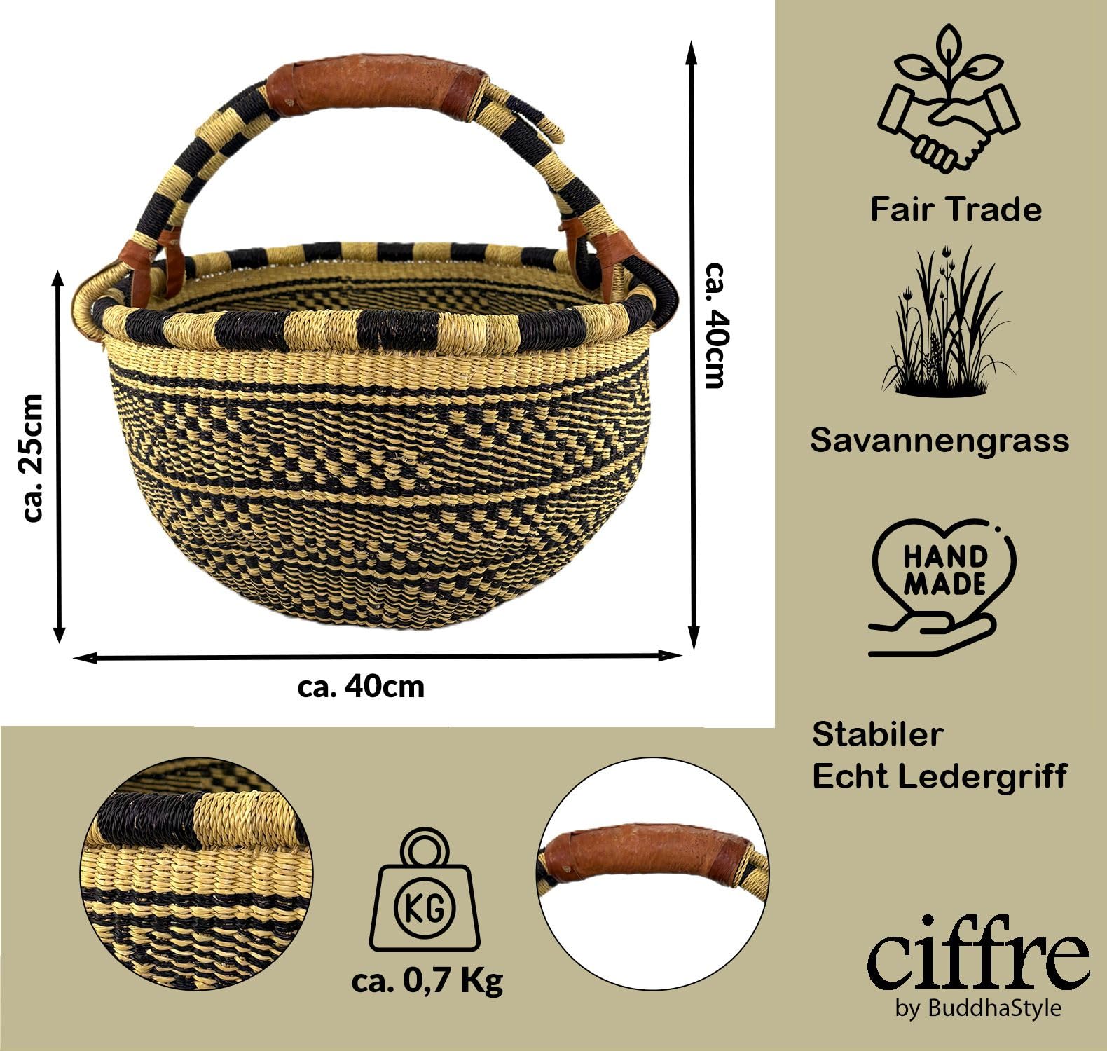 Großer Bolga Rundkorb Ø 40 x 40 cm – Original aus Ghana – Handgefertigt – Fair Trade – Einkaufskorb mit Ledergriff Dunkle Farben mit Natur
