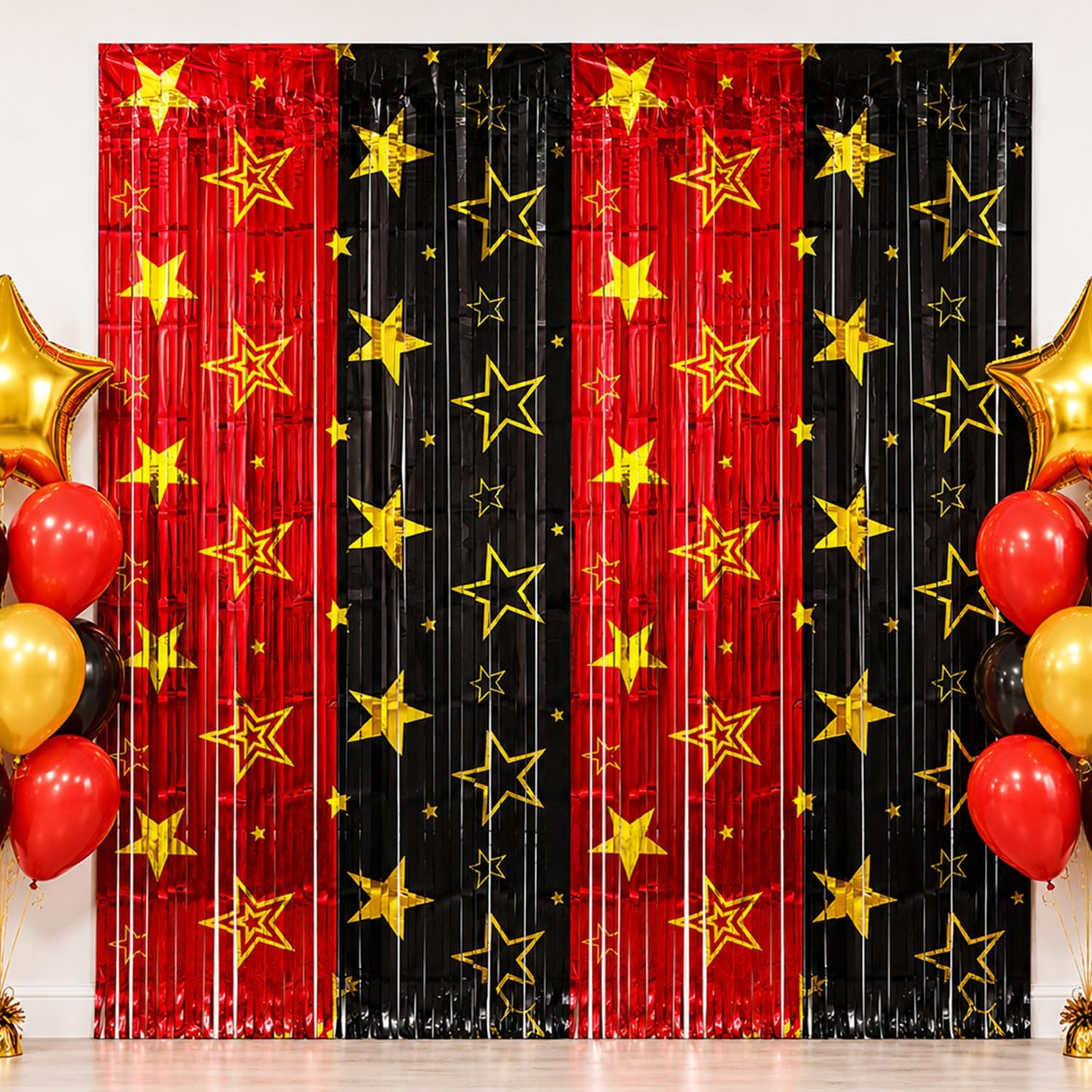 Movie Night Foil Fringe Curtains Backdrop Decorations, 2 Pack | 3.3 x 6.6 Ft Star Red and Black Movie Tinsel Streamers Backdrop for Movie Theater Hollywood Theme Party Decoration Supplies
