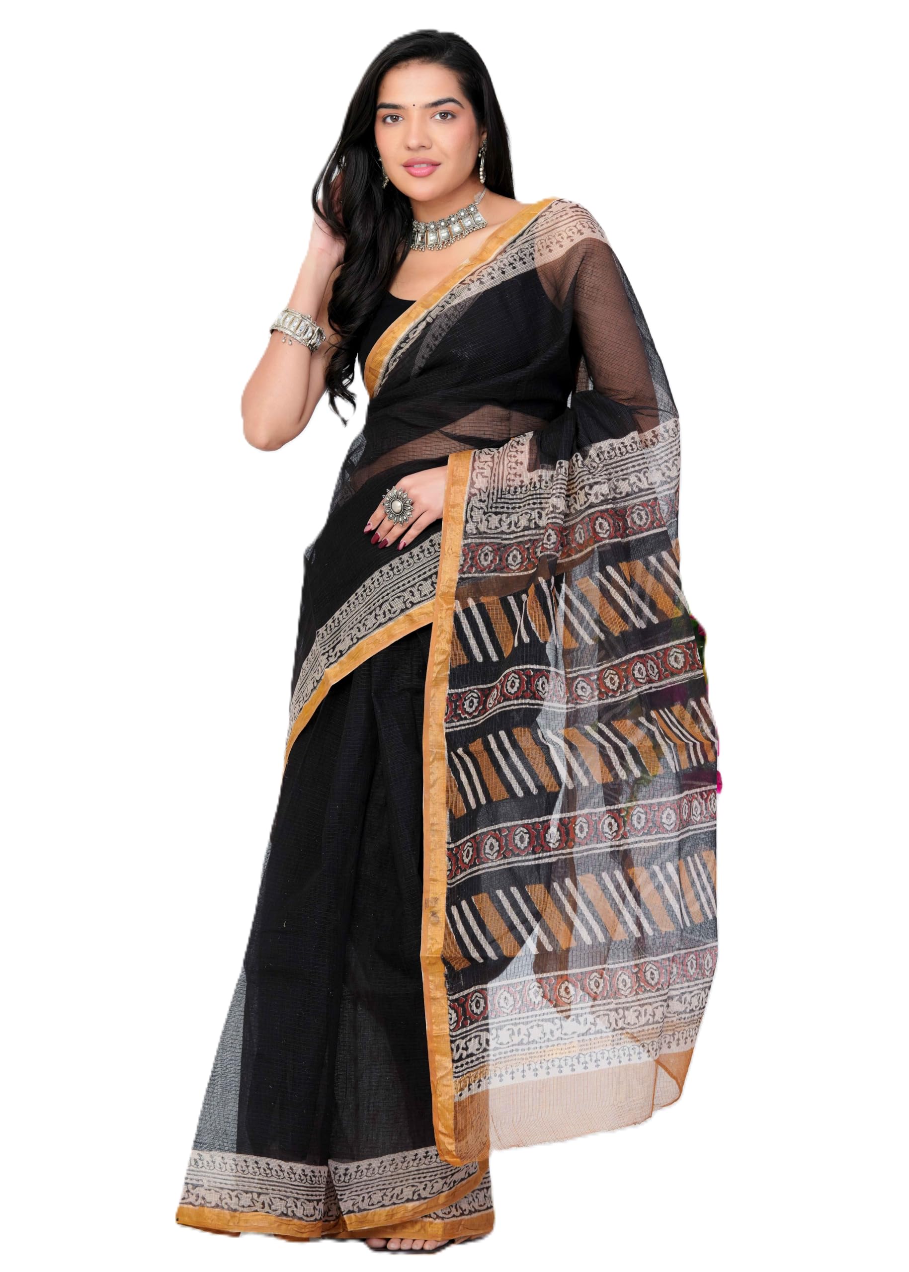 Kota Doriya Hand Block Printed Saree for Women | 5.5m Saree + 0.8m Unstitched Blouse Piece | Lightweight Traditional & Office Wear Saree Black-image-13