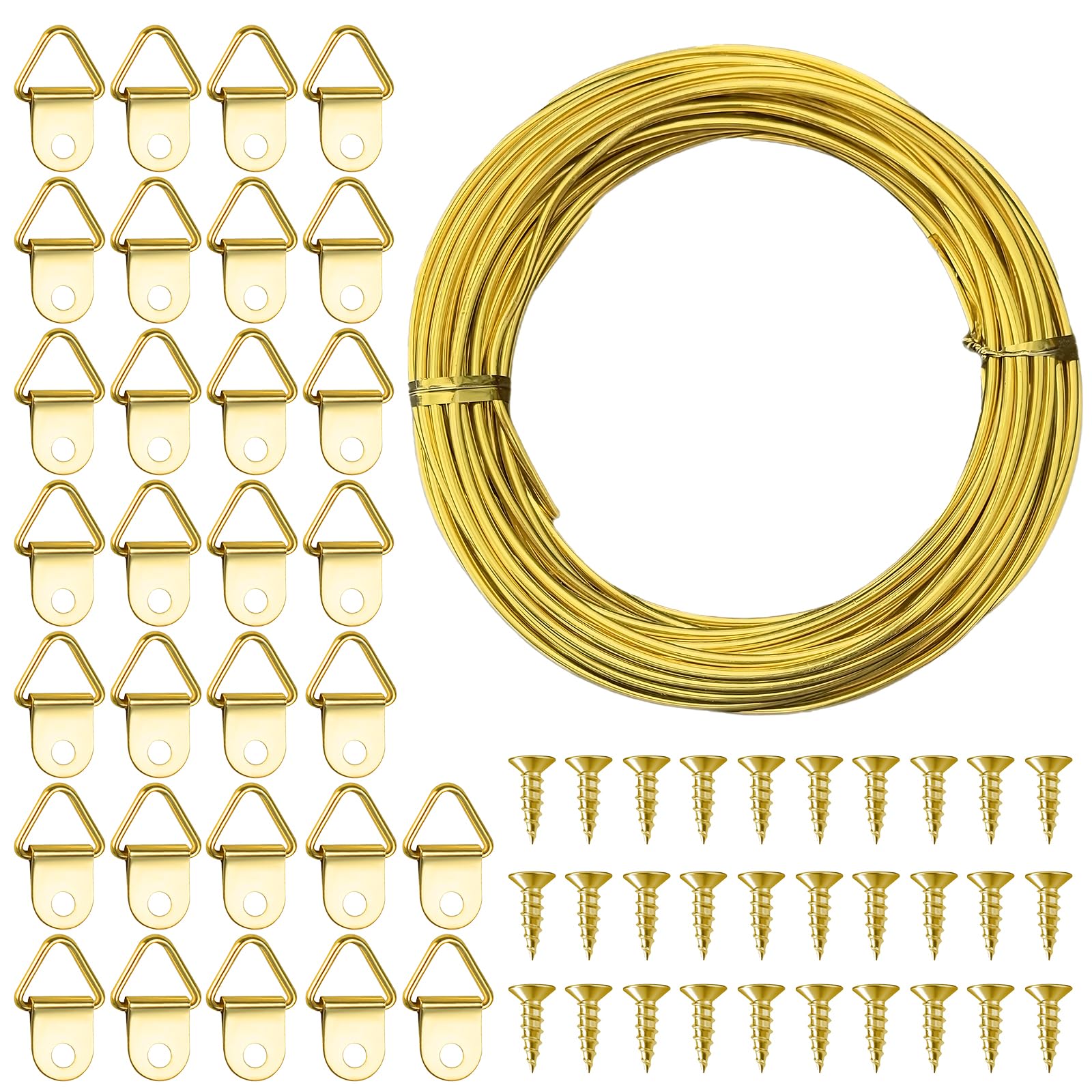 32.8Feet/10m Picture Hanging Wire Kit,Canvas Hanging Kit,Picture Frame Wire with 30 D Rings Hangers & 30 Screws for Pictures Photo Frame Mirror,Wall Art(Gold)