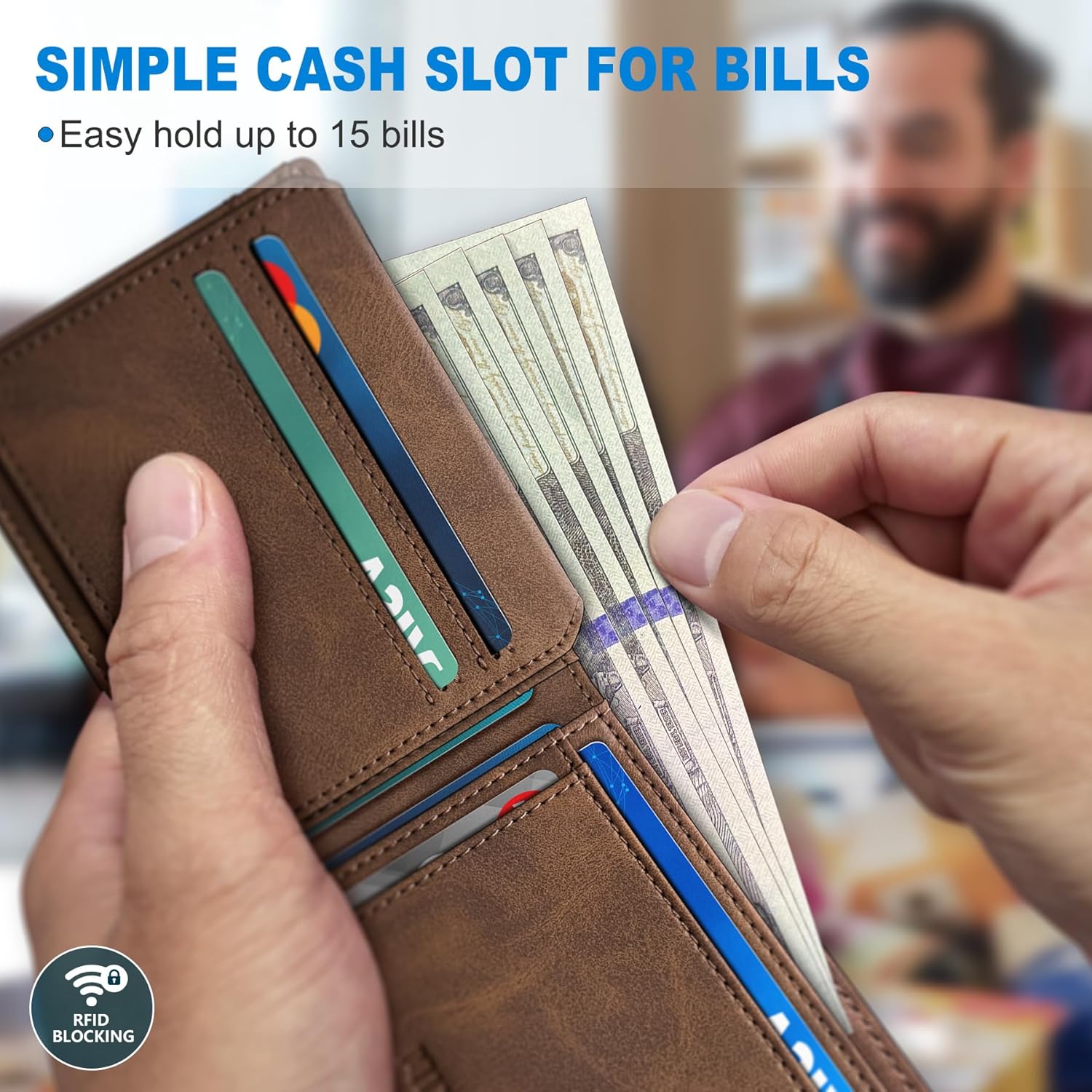 Airtag Wallet for Men,with Cash Pocket 2 ID Window 13 Cards,Slim Leather Wallet Front Pocket Card Holder RFID Blocking with Gift Box - Image 5