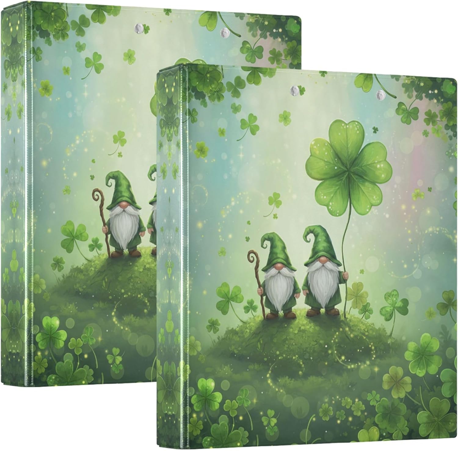 St Patrick's Gnome Clovers 3 Ring Binders, 1.5” Round Ring Binders with Clipboard - Letter Size, 3 Interior PVC Clear Pockets & Anti-Slip Clip for Office School Supplies, 2PCS
