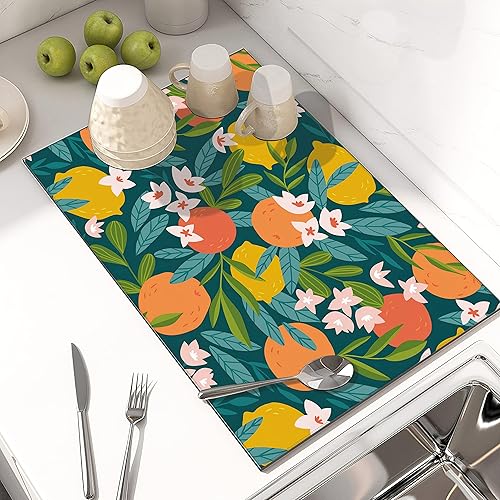 Miniatura 2 de Tapete de secado de platos para encimera de cocina, naranja limón y flores, tapete de microfibra para secar platos, tapete escurridor de platos para