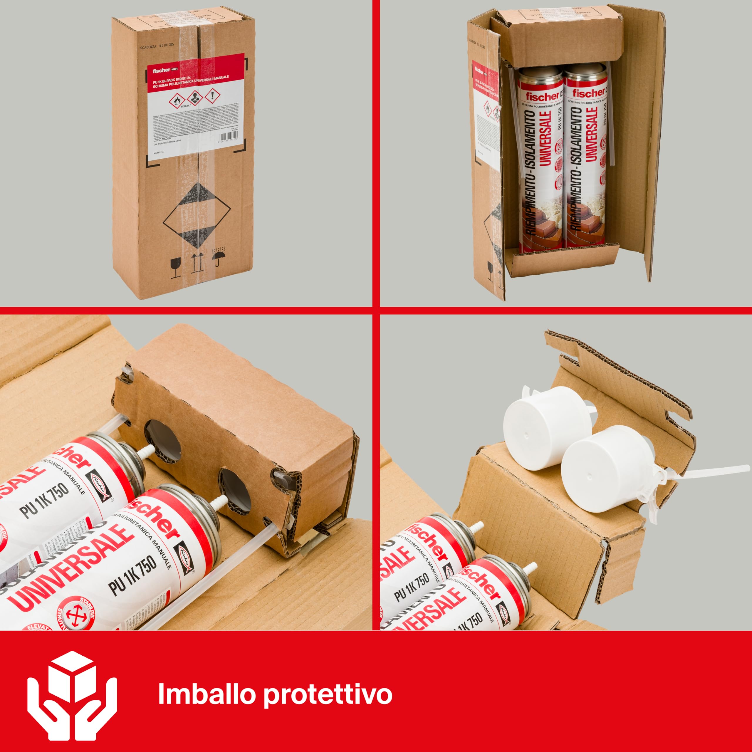 Fischer Bi-Pack Schiuma Poliuretanica Universale Espansa PU 1K in Imballo Protettivo con Erogatore, 2x 750 ml