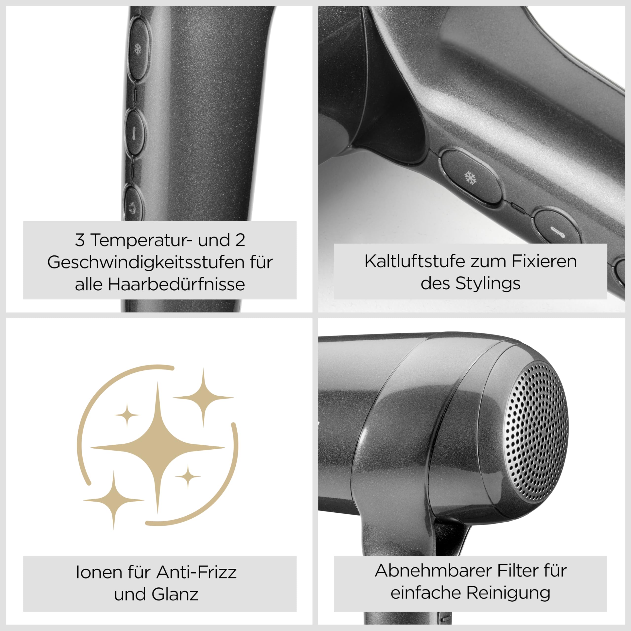 BaByliss Titanium Shine 1600W Haartrockner mit Diffusor – Leistungsstarker und Kompakter Föhn, Ergonomisches Design, Ionen-Technologie gegen Frizz, 3 Heiz- & 3 Gebläsestufen, Silber, D6200DE