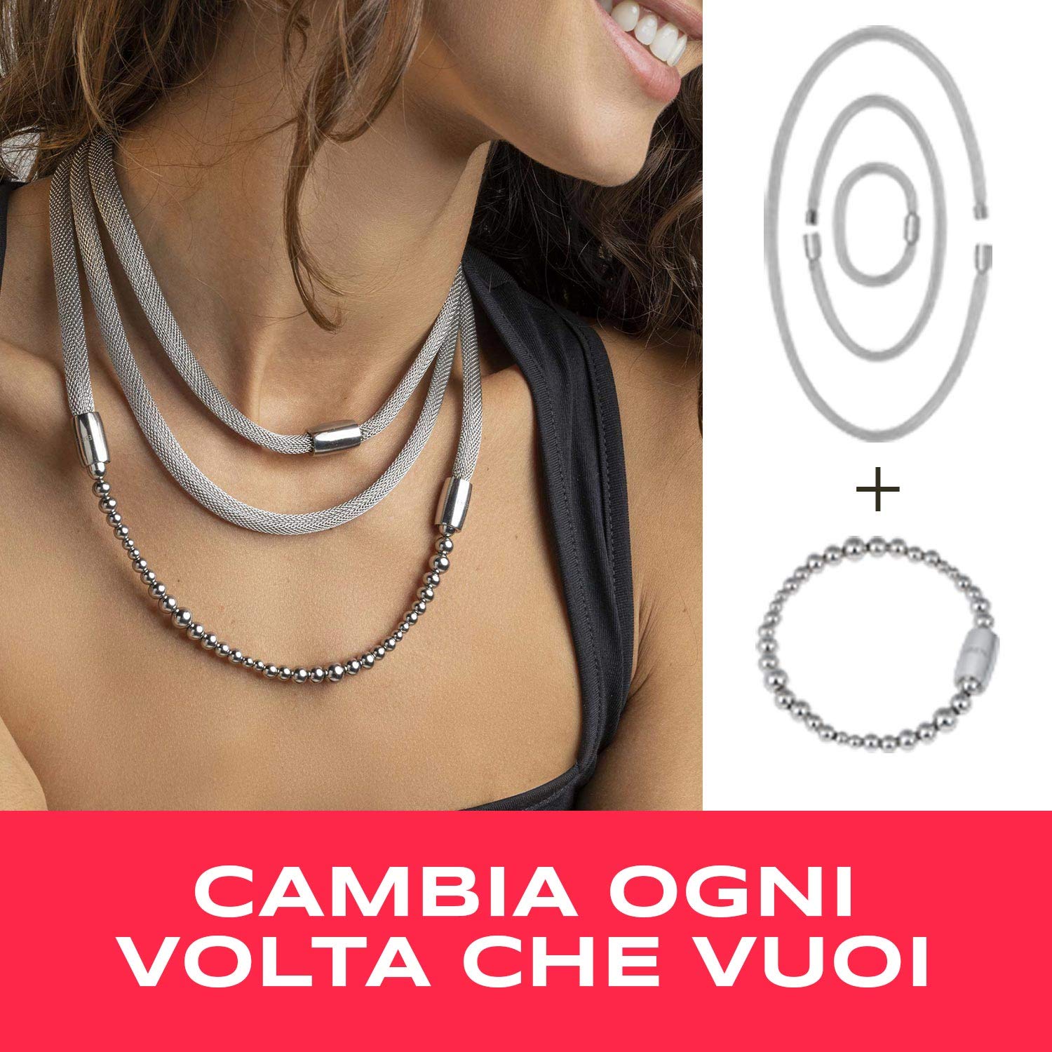 Breil - Soft Set, Bracciale, Girocollo e Collana Donna Collezione MAGNETICA SYSTEM - 3 Elementi di Diverse Lunghezze Trasformabili in Maglia d'Acciaio - Abbinabili ad Altri Elementi Magnetica