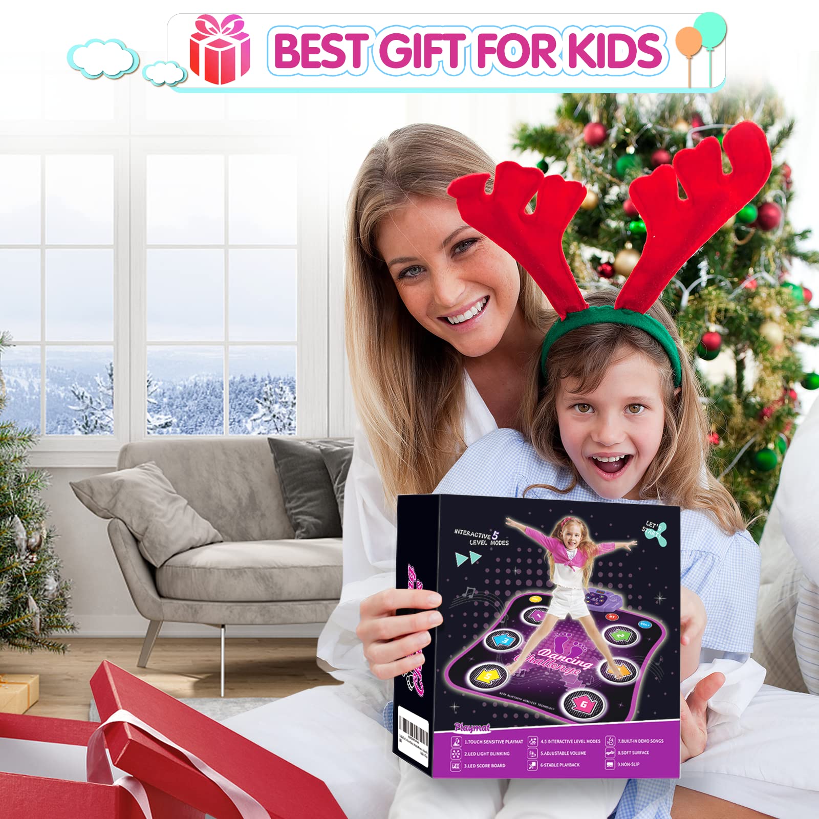 Dance Mat, Electronic Music Dance Pad with LED Lights & Wireless Bluetooth, 5 Game Modes, Birthday Gifts, Toys for Girl 4-8, 8-12