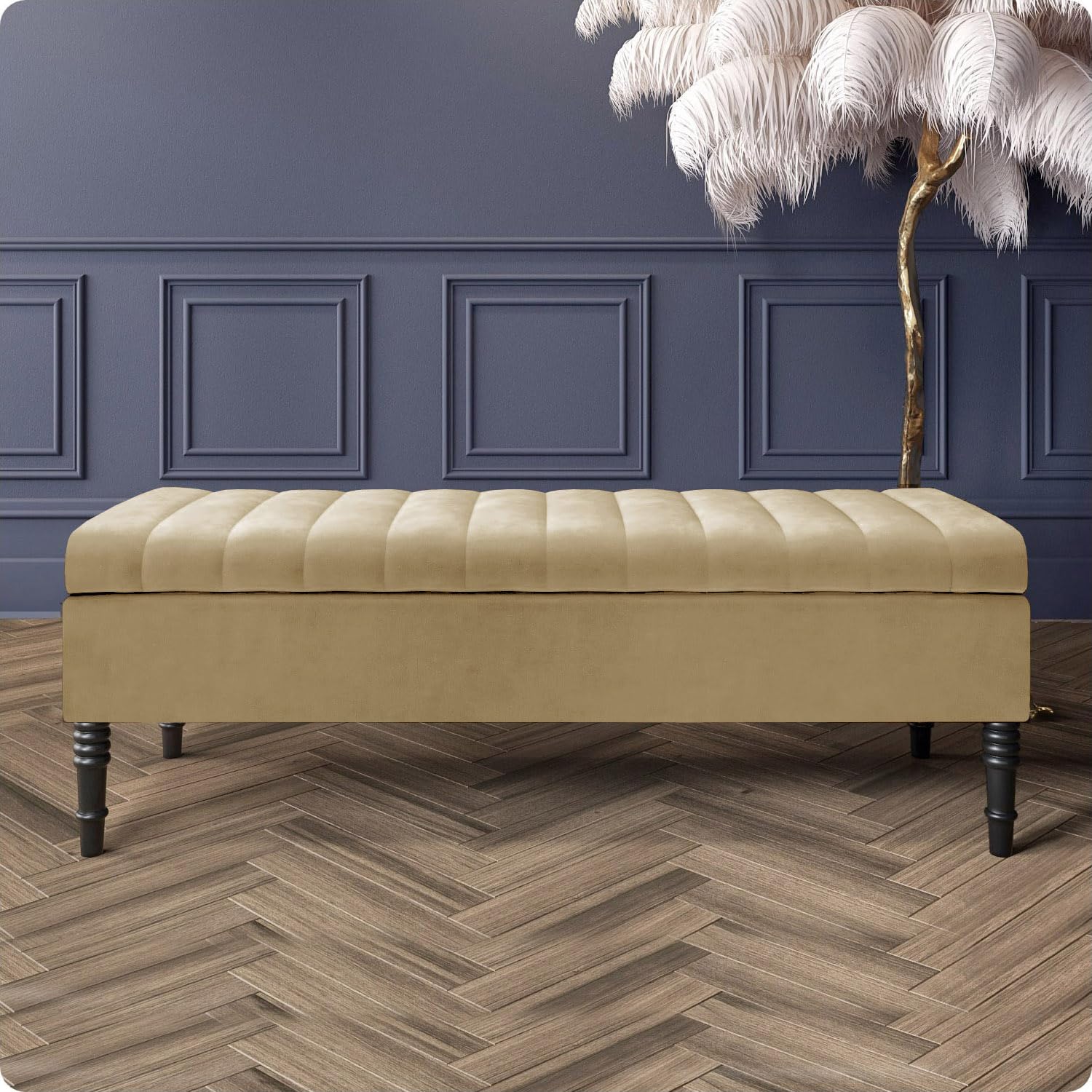 Safar Velvet Ottoman Storage Bench with Legs, Upholstered End of Bed Storage Bench, Large Ottoman Storage Box with Hinged Lid, Entryway Shoe Bench, Padded Storage Ottoman Seat for Living Room