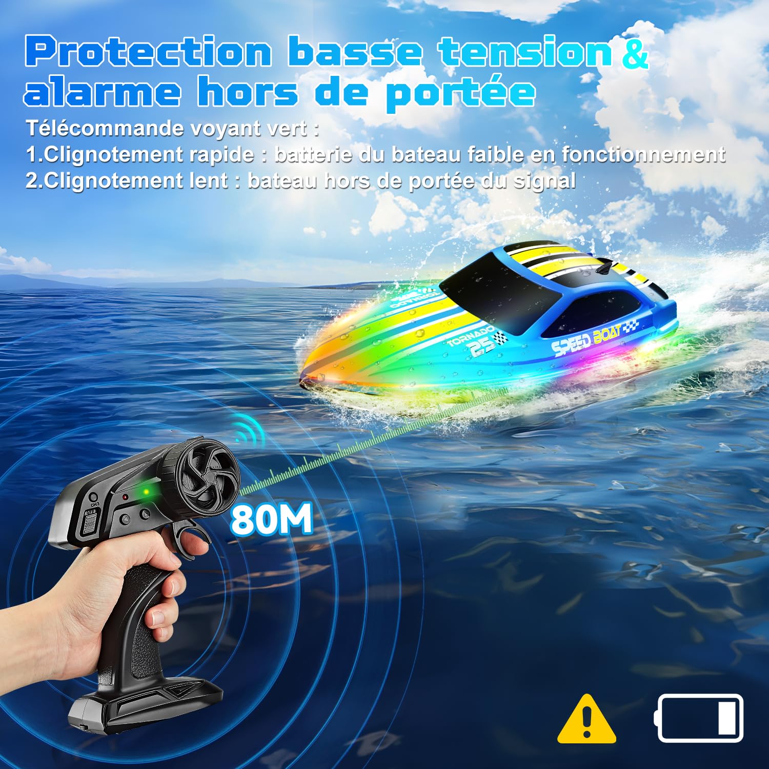 Bateau Télécommandé 2.4GHz RC Boat 7 LED, Vitesse Max 15km/h | double batterie 240min, anti-retournement, portée 80m, Pour piscine et lacs (pas eau salée), Cadeau pour enfants