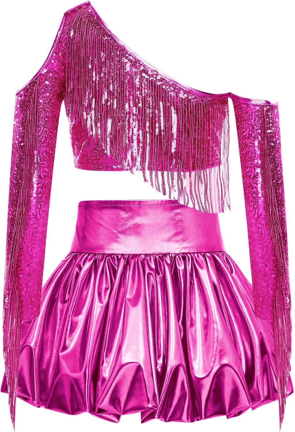 Kids Girls Sequin Jazz Hip Hop Crop Top and Shiny Metallic Bubble Dancing Skirts Set 2pcs Dance Outfits Hot Pink 14 Years
