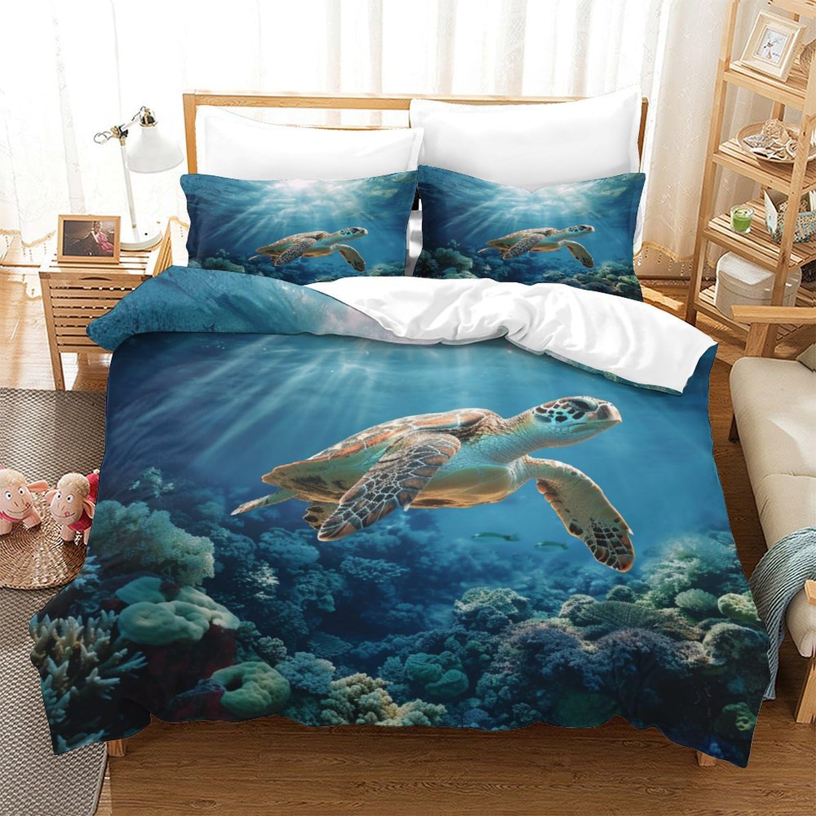 P1S9U7W5Y 3D Printed Turtles Ocean Duvet Cover Set 3pcs Microfiber Underwater Bedding Set King（220x240cm）